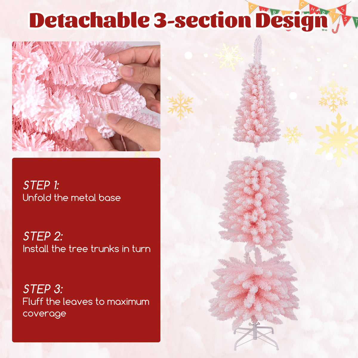 Snow Flocked 7 FT Artificial Pink Xmas Tree with 635 Branch Tips-Christmas Trees-DECOROLALA