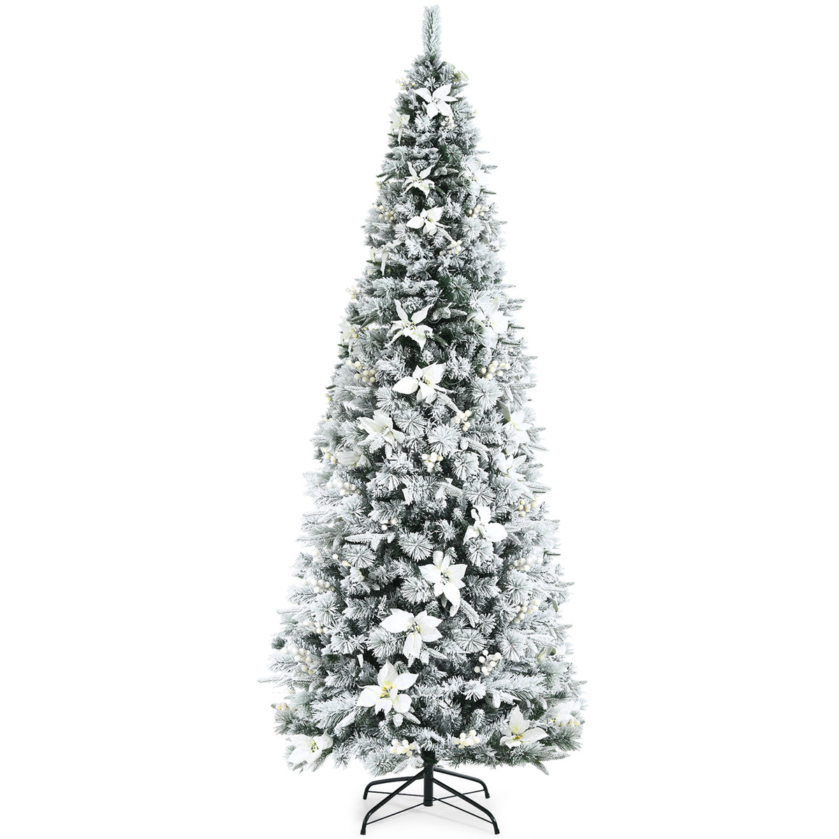 Snow Flocked Christmas Pencil Tree with Berries and Poinsettia Flowers- 8 ft-Christmas Trees-DECOROLALA