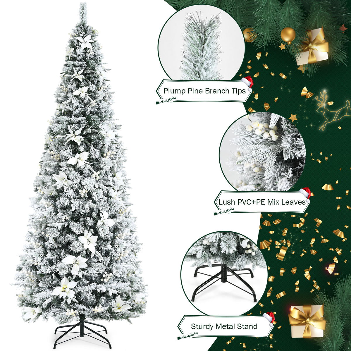 Snow Flocked Christmas Pencil Tree with Berries and Poinsettia Flowers- 8 ft-Christmas Trees-DECOROLALA
