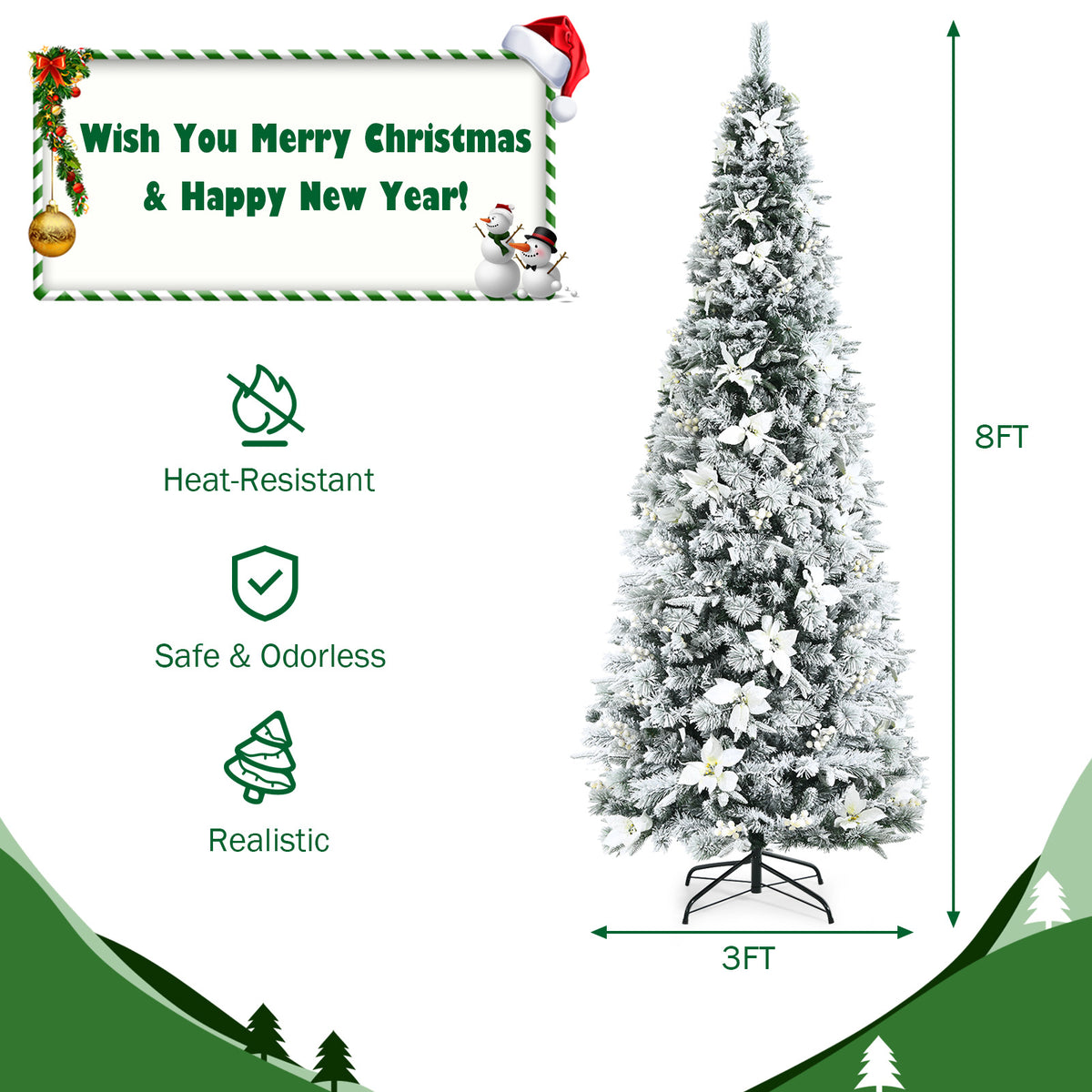 Snow Flocked Christmas Pencil Tree with Berries and Poinsettia Flowers- 8 ft-Christmas Trees-DECOROLALA