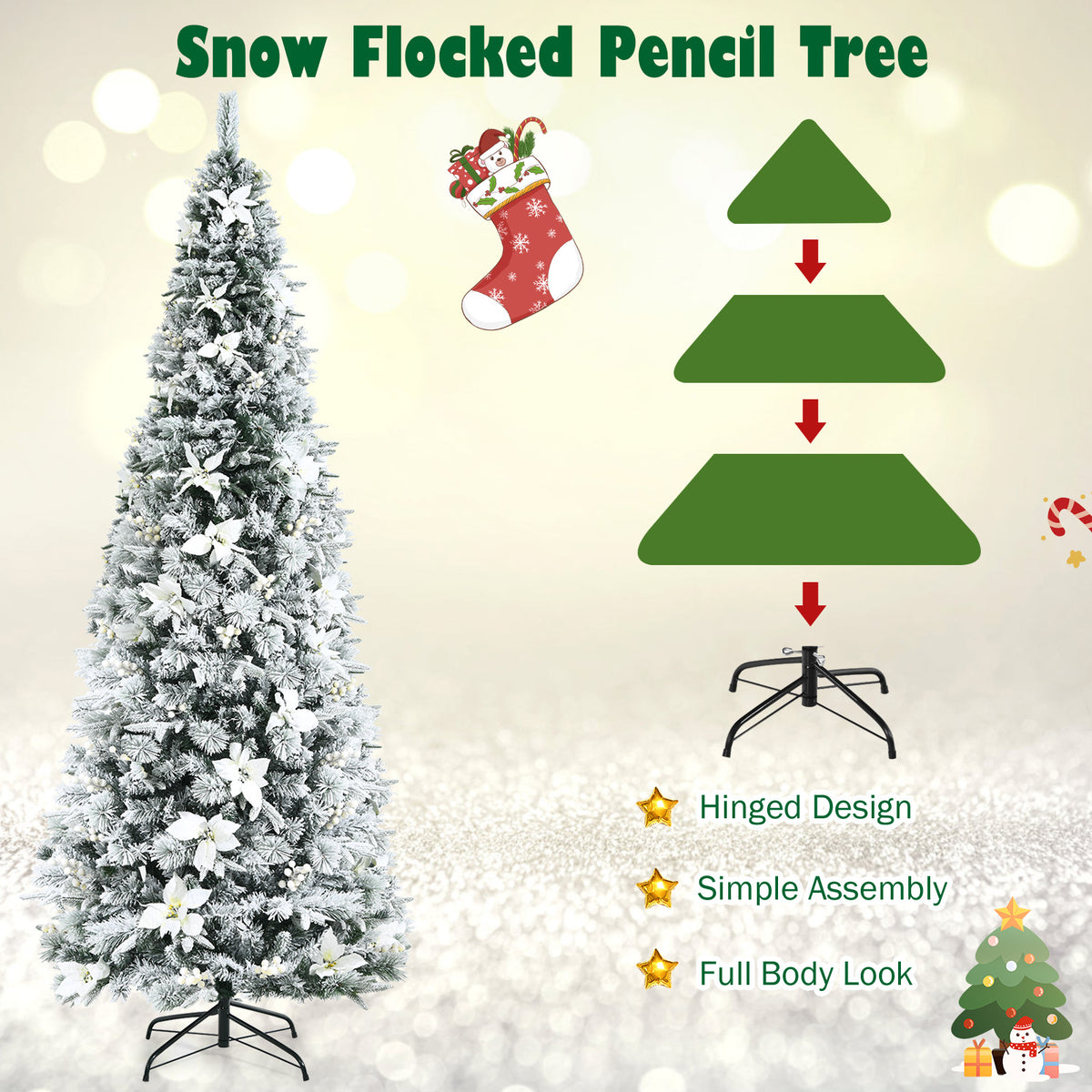 Snow Flocked Christmas Pencil Tree with Berries and Poinsettia Flowers- 8 ft-Christmas Trees-DECOROLALA