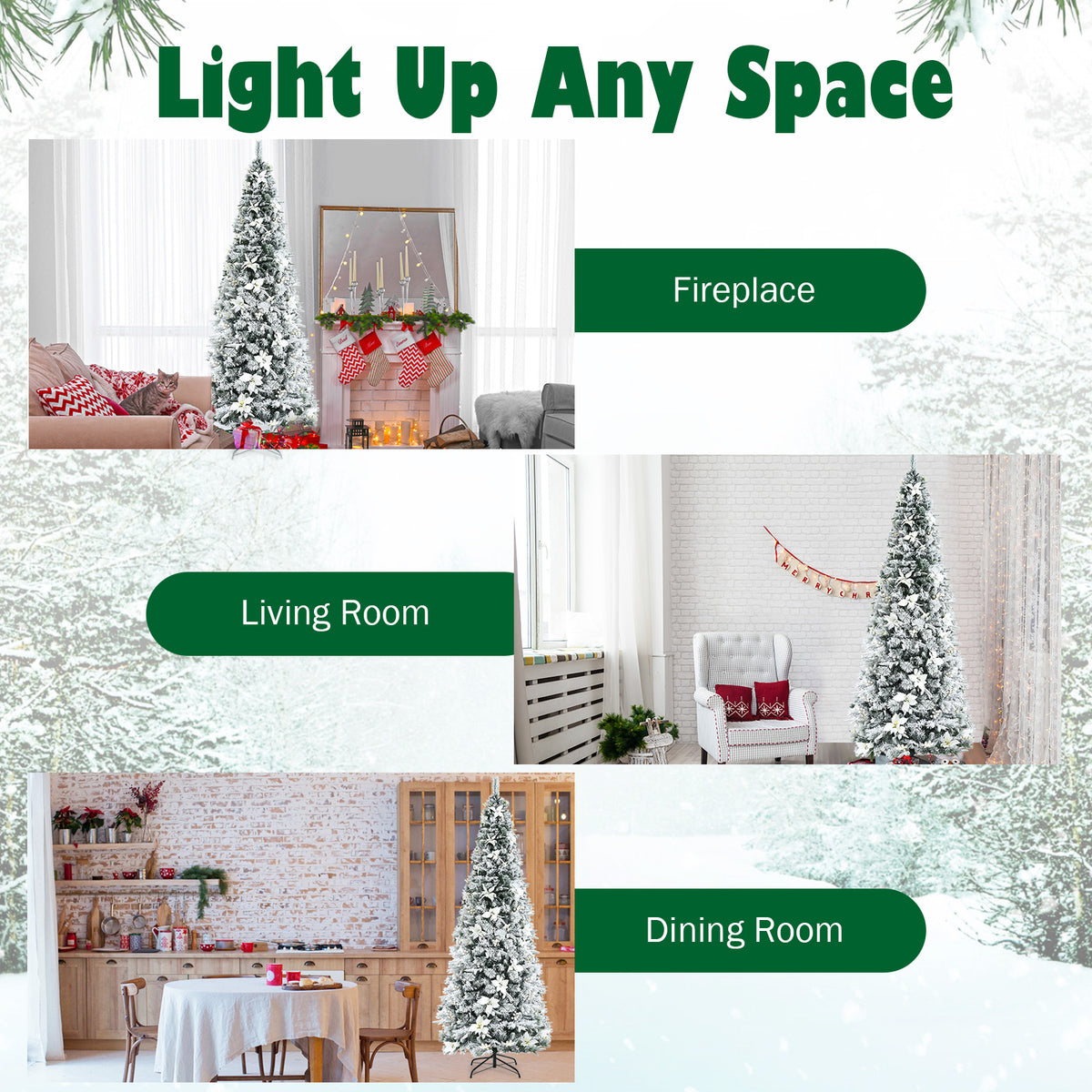 Snow Flocked Christmas Pencil Tree with Berries and Poinsettia Flowers- 8 ft-Christmas Trees-DECOROLALA