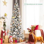 Snow Flocked Christmas Pencil Tree with Berries and Poinsettia Flowers- 8 ft-Christmas Trees-DECOROLALA