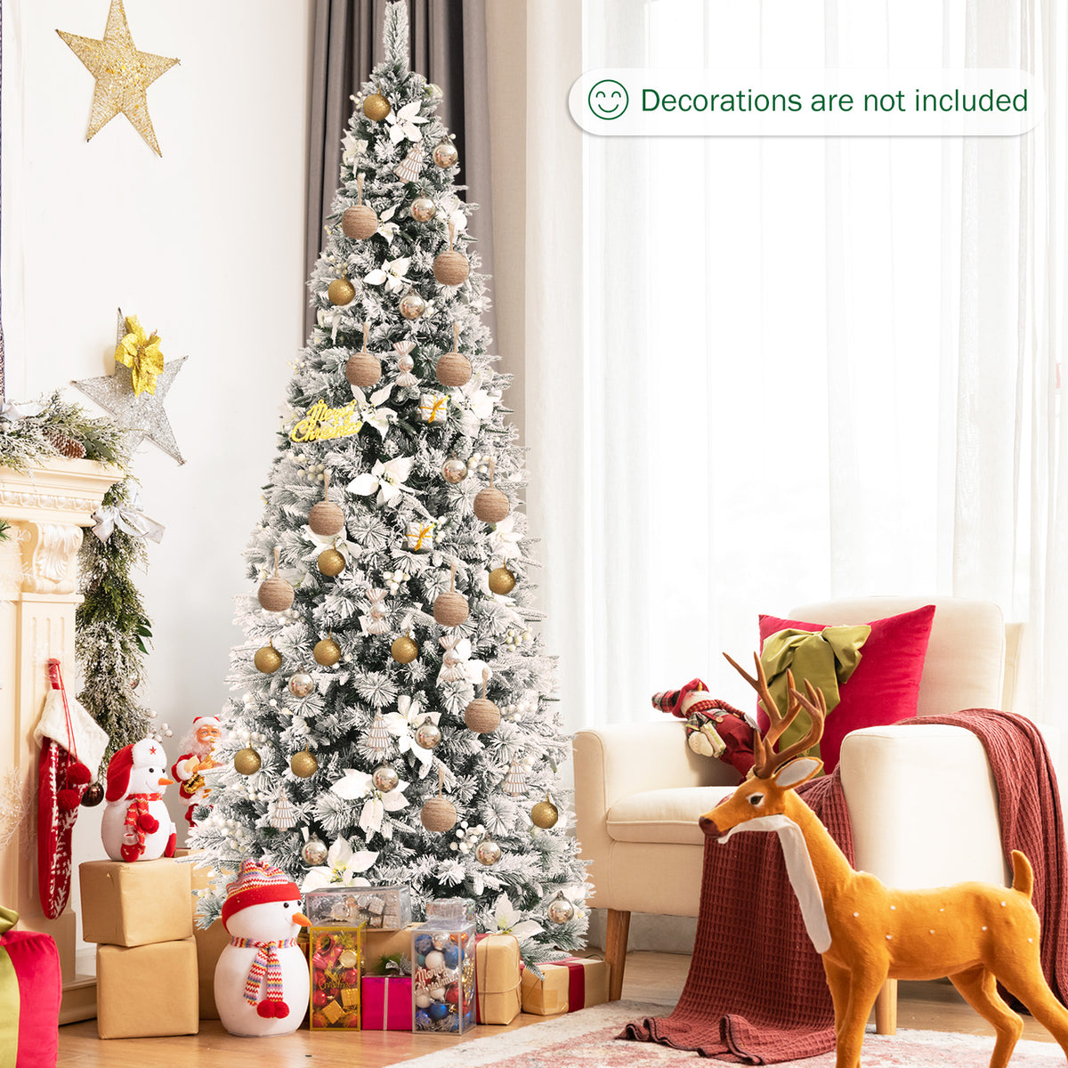 Snow Flocked Christmas Pencil Tree with Berries and Poinsettia Flowers- 8 ft-Christmas Trees-DECOROLALA
