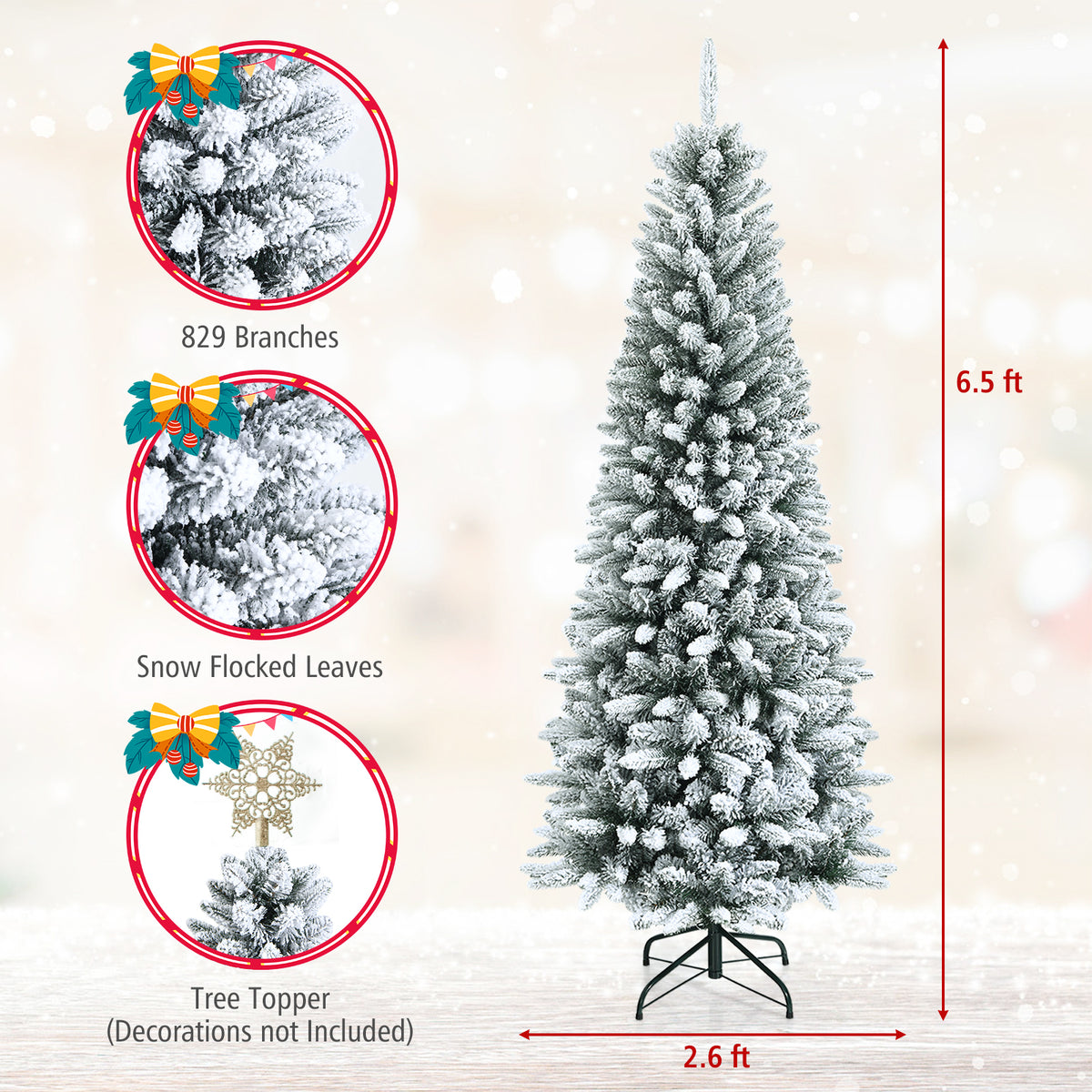 Snow-Flocked Hinged Artificial Christmas Pencil Tree with Mixed Tips-6.5 ft-Christmas Trees-DECOROLALA