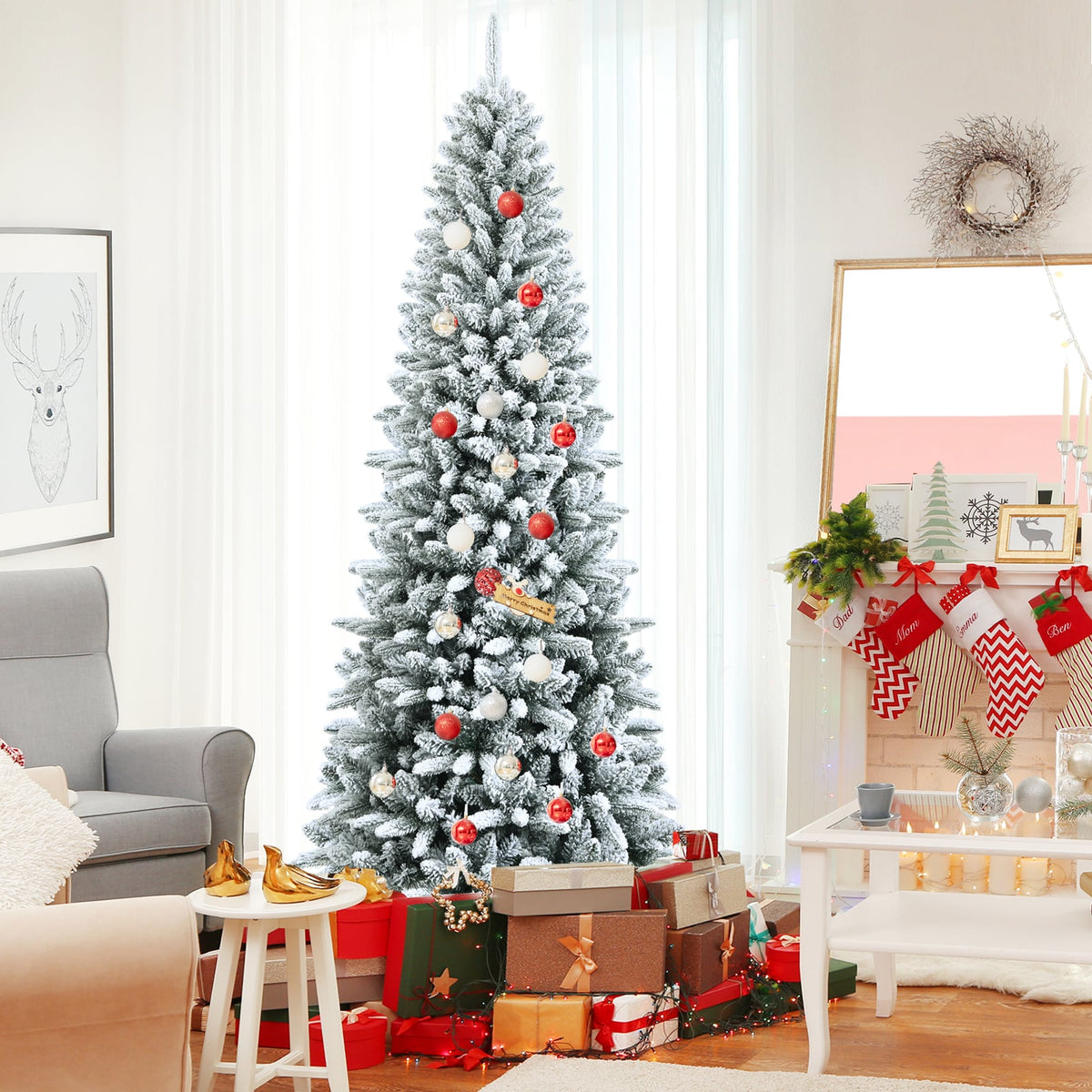 Snow-Flocked Hinged Artificial Christmas Pencil Tree with Mixed Tips-7.5'-Christmas Trees-DECOROLALA