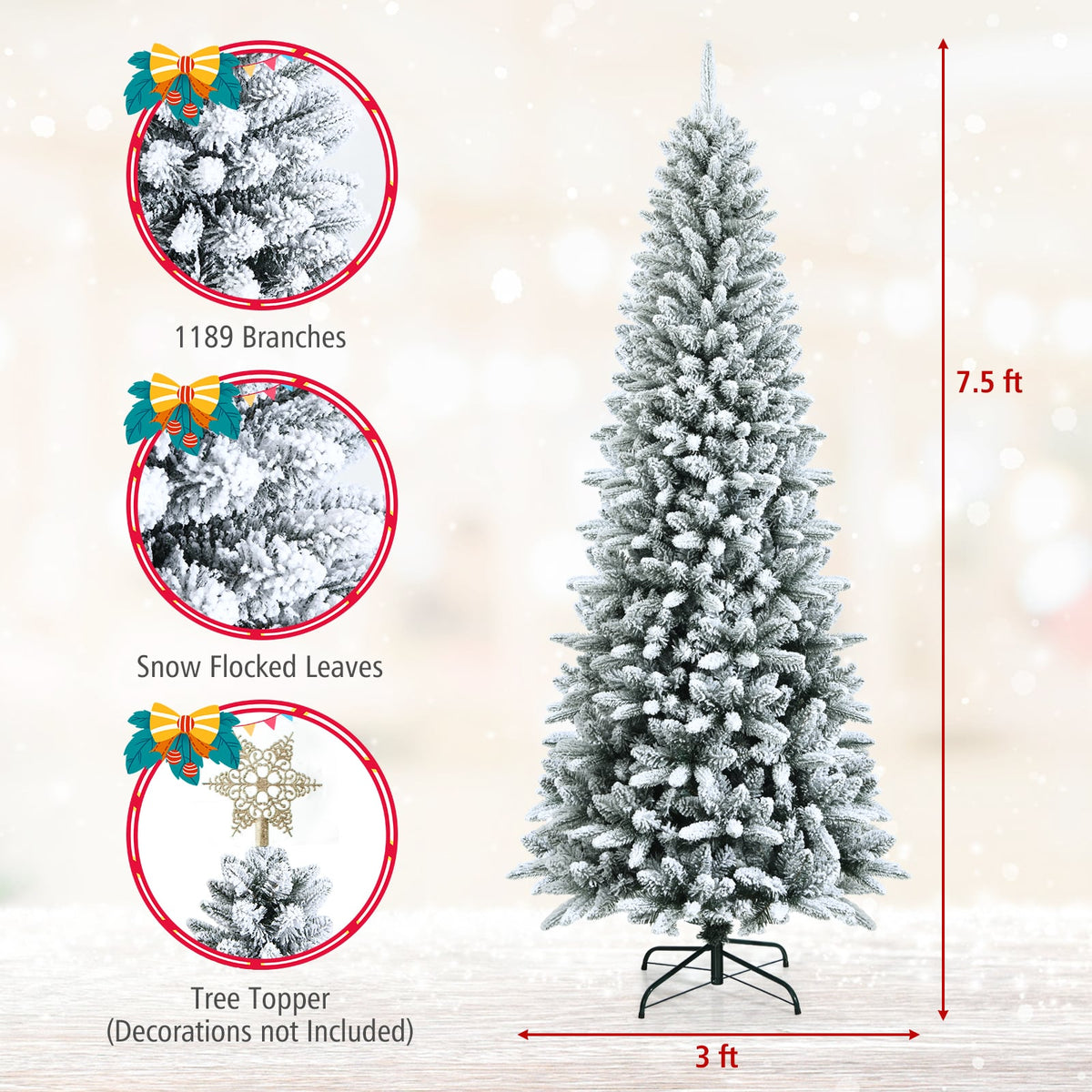 Snow-Flocked Hinged Artificial Christmas Pencil Tree with Mixed Tips-7.5'-Christmas Trees-DECOROLALA