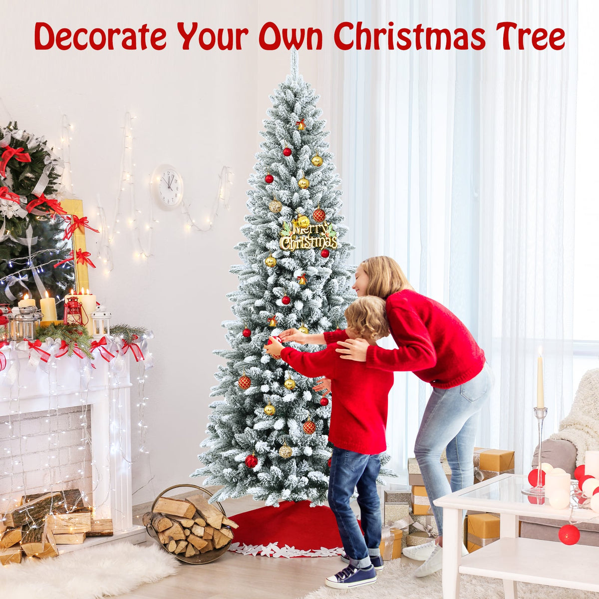 Snow-Flocked Hinged Artificial Christmas Pencil Tree with Mixed Tips-7.5'-Christmas Trees-DECOROLALA