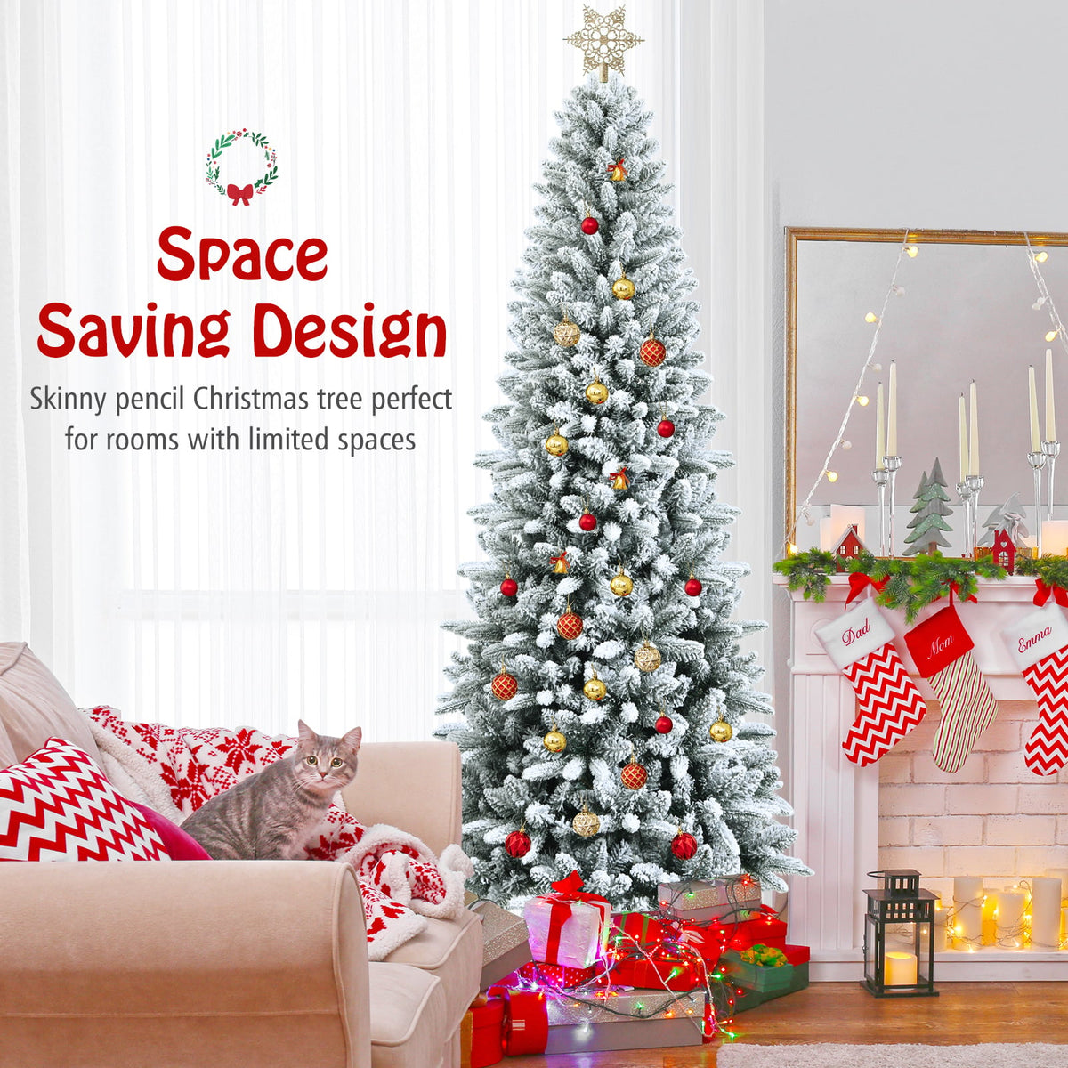 Snow-Flocked Hinged Artificial Christmas Pencil Tree with Mixed Tips-7.5'-Christmas Trees-DECOROLALA