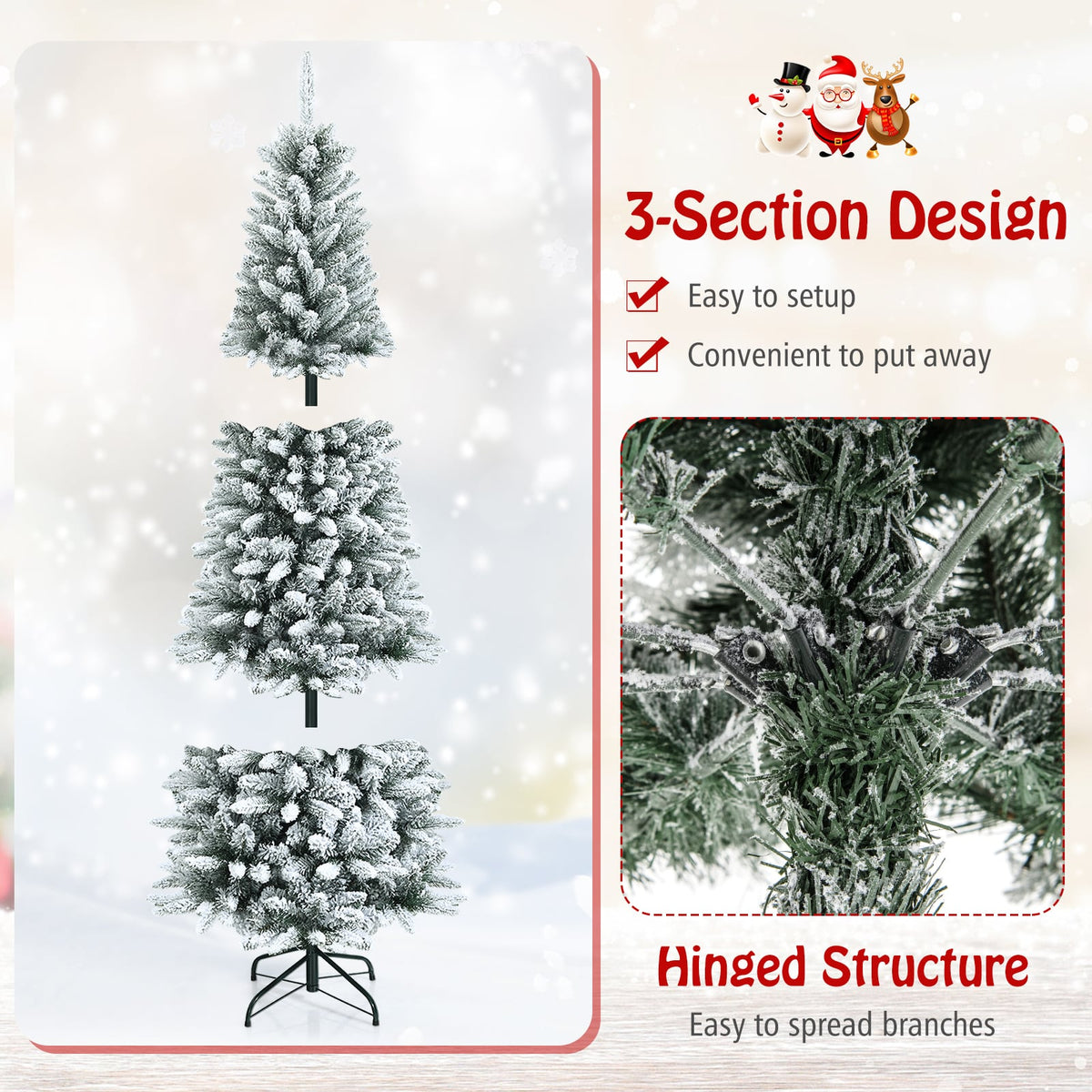 Snow-Flocked Hinged Artificial Christmas Pencil Tree with Mixed Tips-7.5'-Christmas Trees-DECOROLALA
