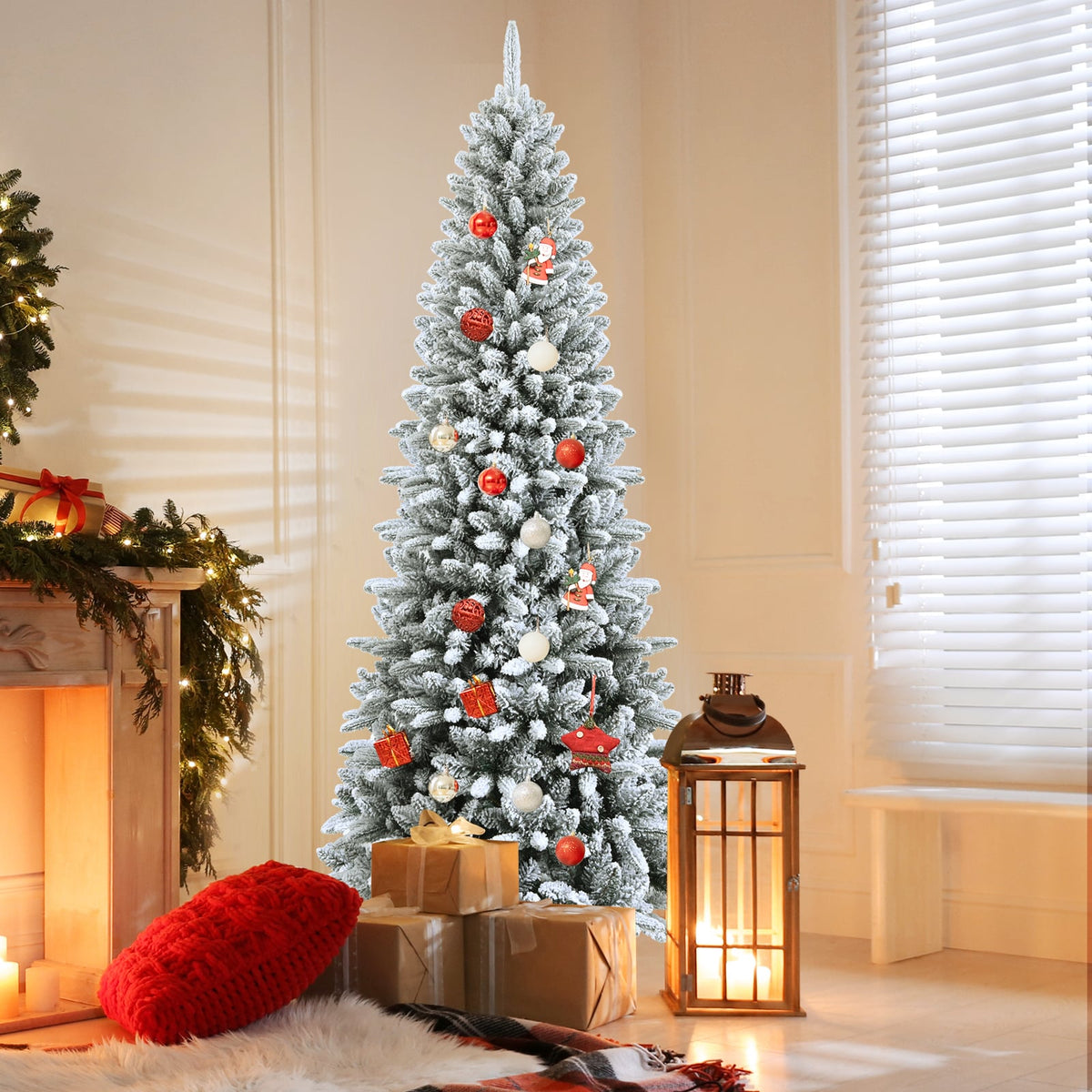 Snow-Flocked Hinged Artificial Christmas Pencil Tree with Mixed Tips-7.5'-Christmas Trees-DECOROLALA