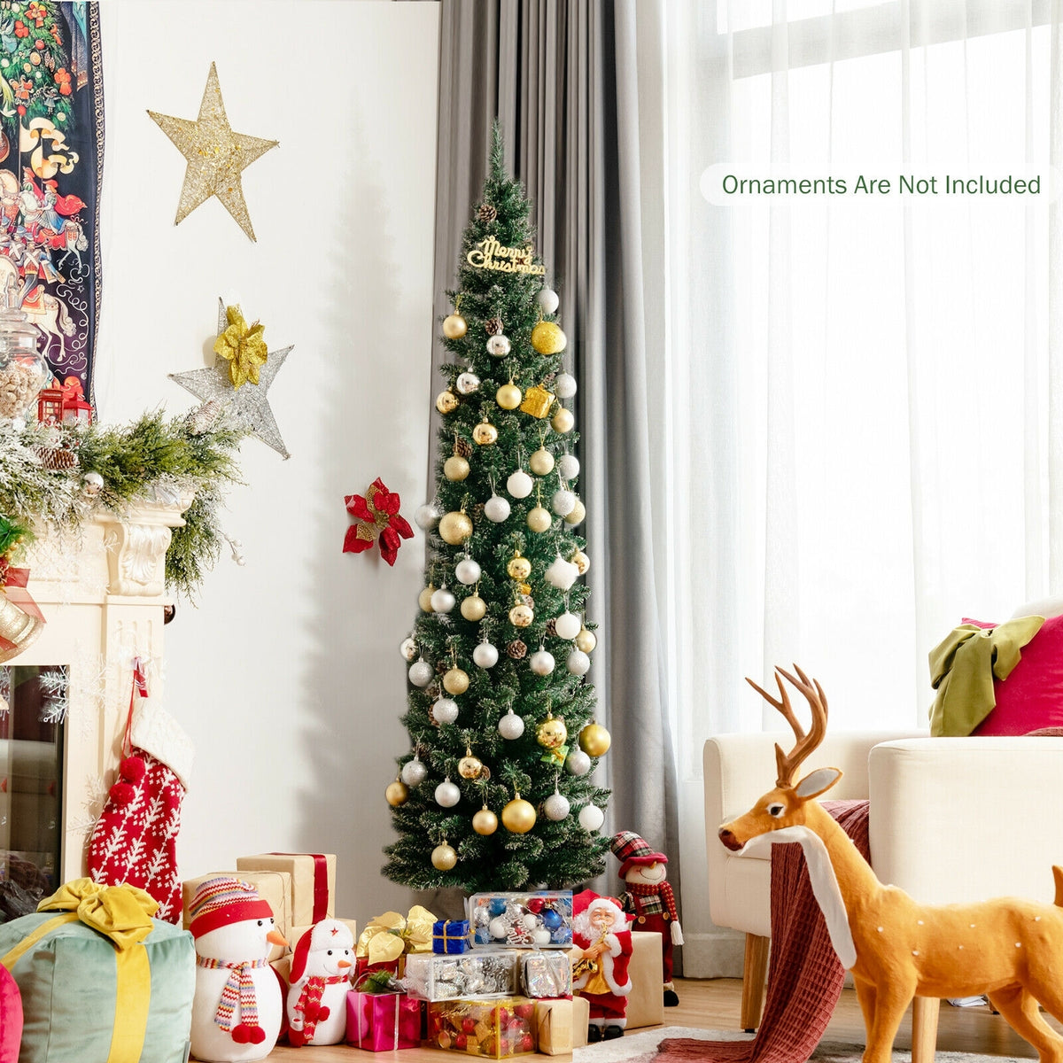 Snowy Artificial Pencil Christmas Tree with Pine Cones-6 ft-Christmas Trees-DECOROLALA