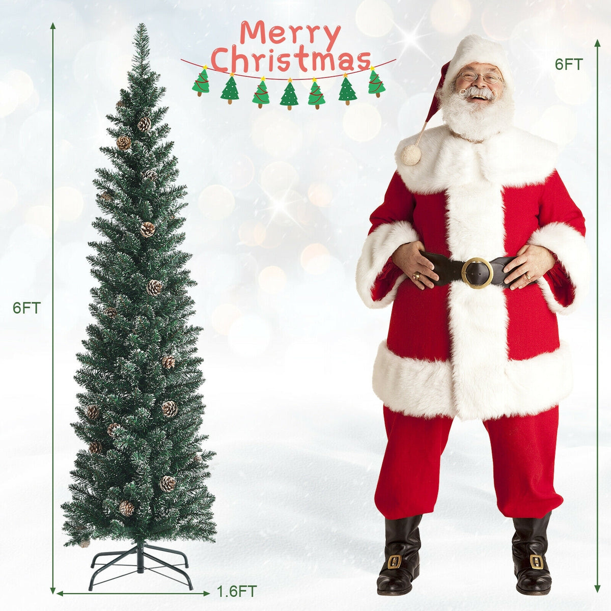 Snowy Artificial Pencil Christmas Tree with Pine Cones-6 ft-Christmas Trees-DECOROLALA