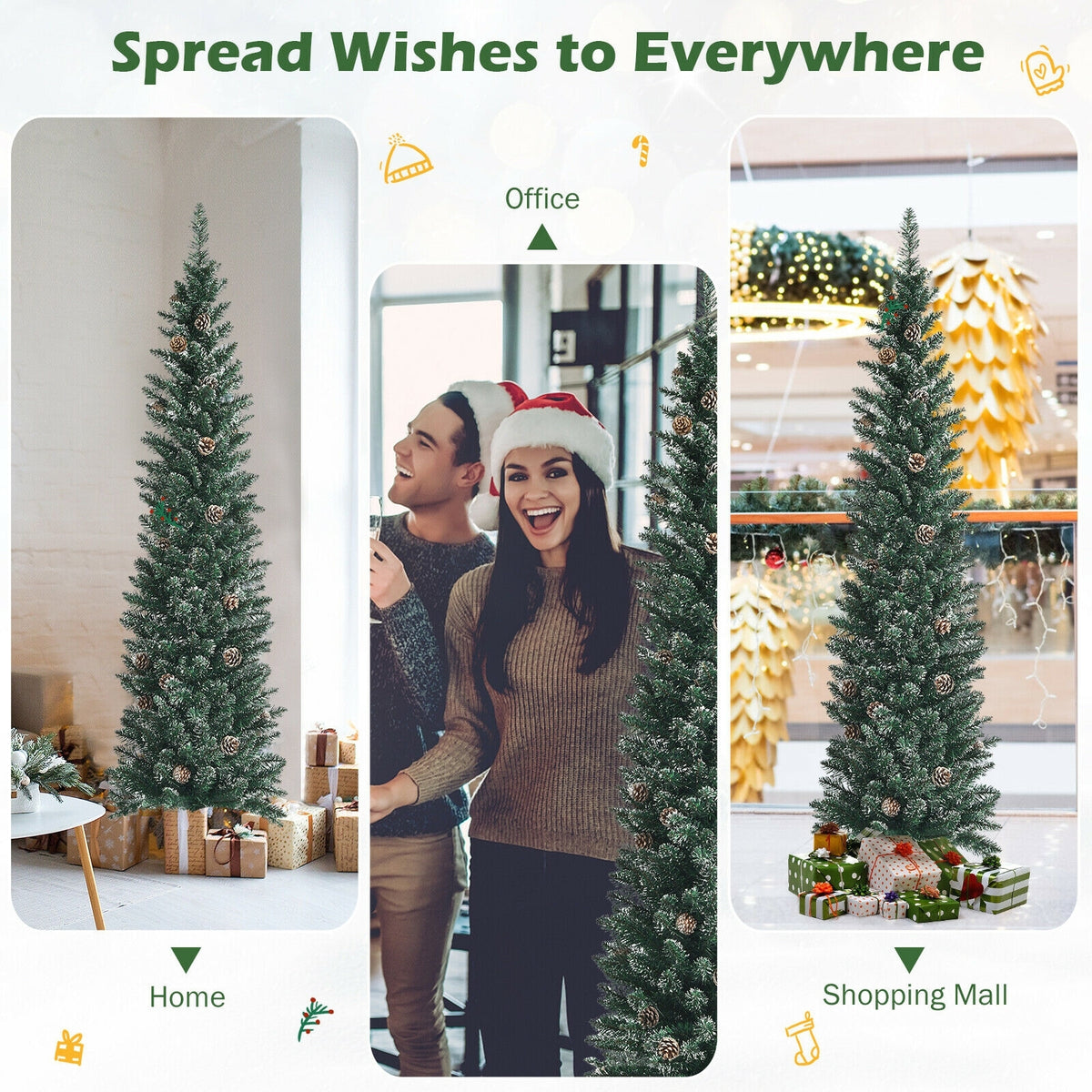 Snowy Artificial Pencil Christmas Tree with Pine Cones-6 ft-Christmas Trees-DECOROLALA