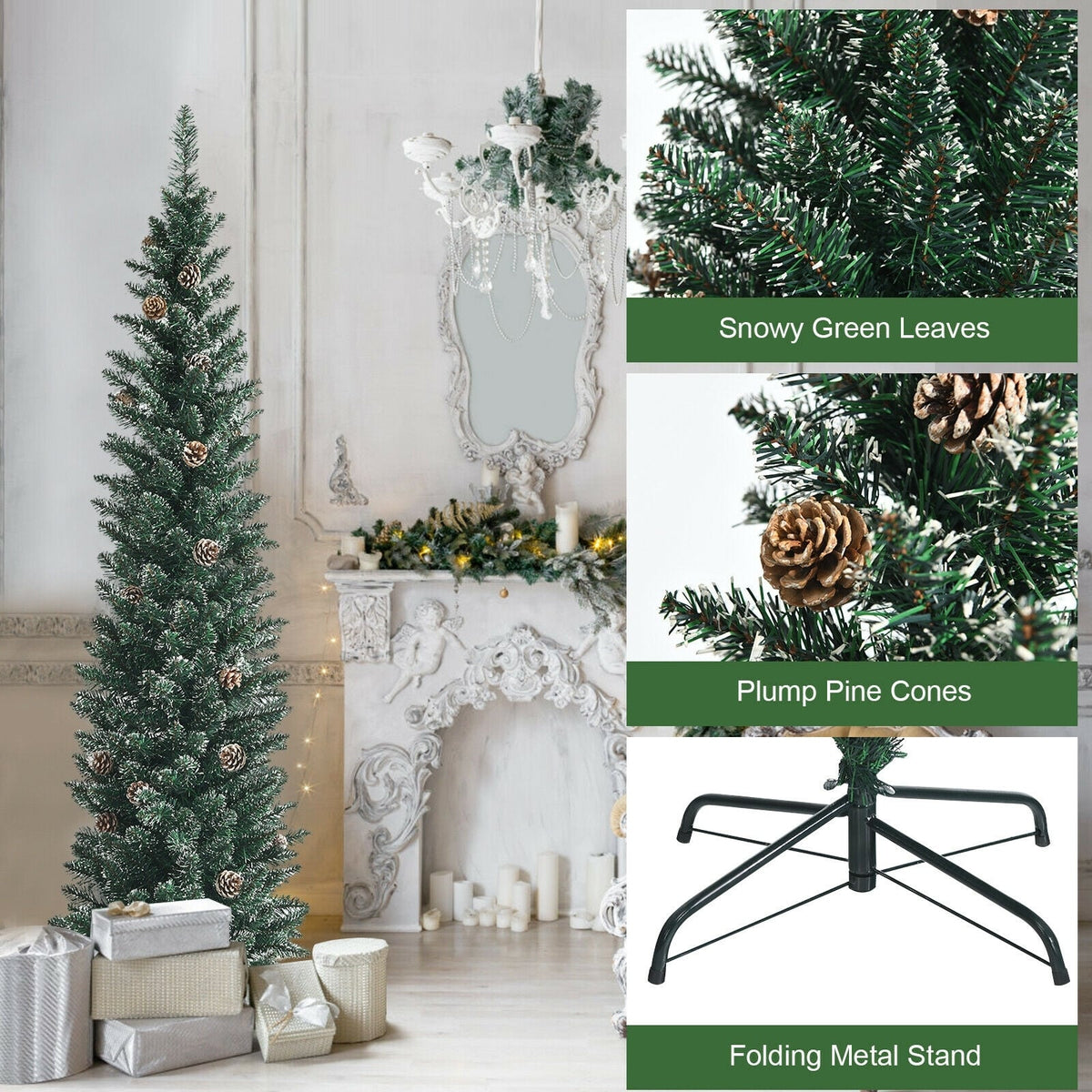 Snowy Artificial Pencil Christmas Tree with Pine Cones-6 ft-Christmas Trees-DECOROLALA