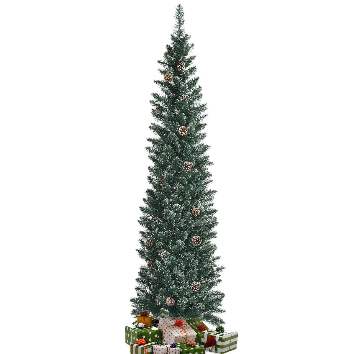 Snowy Artificial Pencil Christmas Tree with Pine Cones-6 ft-Christmas Trees-DECOROLALA