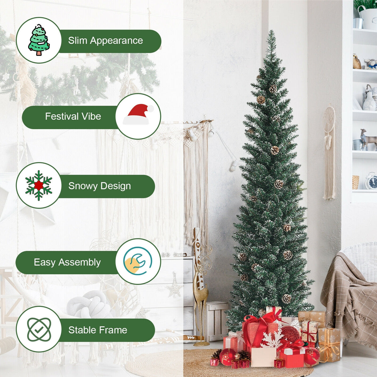 Snowy Artificial Pencil Christmas Tree with Pine Cones-6 ft-Christmas Trees-DECOROLALA
