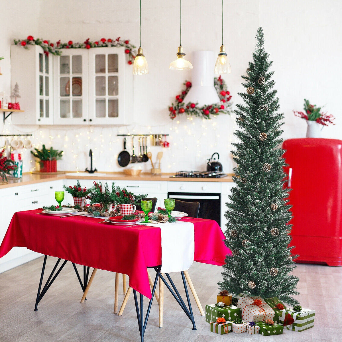 Snowy Artificial Pencil Christmas Tree with Pine Cones-6 ft-Christmas Trees-DECOROLALA