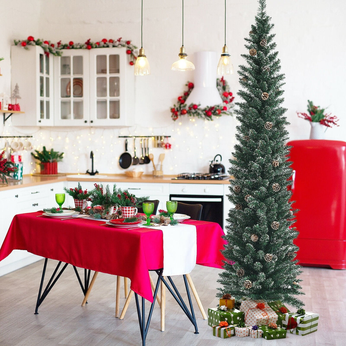 Snowy Artificial Pencil Christmas Tree with Pine Cones-7 ft-Christmas Trees-DECOROLALA