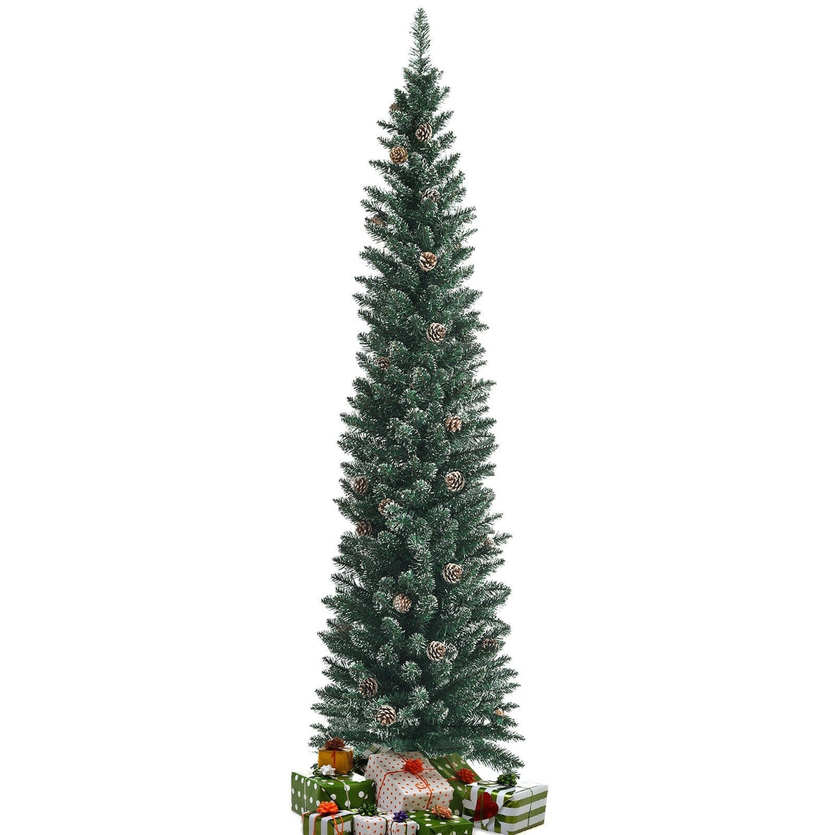 Snowy Artificial Pencil Christmas Tree with Pine Cones-7 ft-Christmas Trees-DECOROLALA