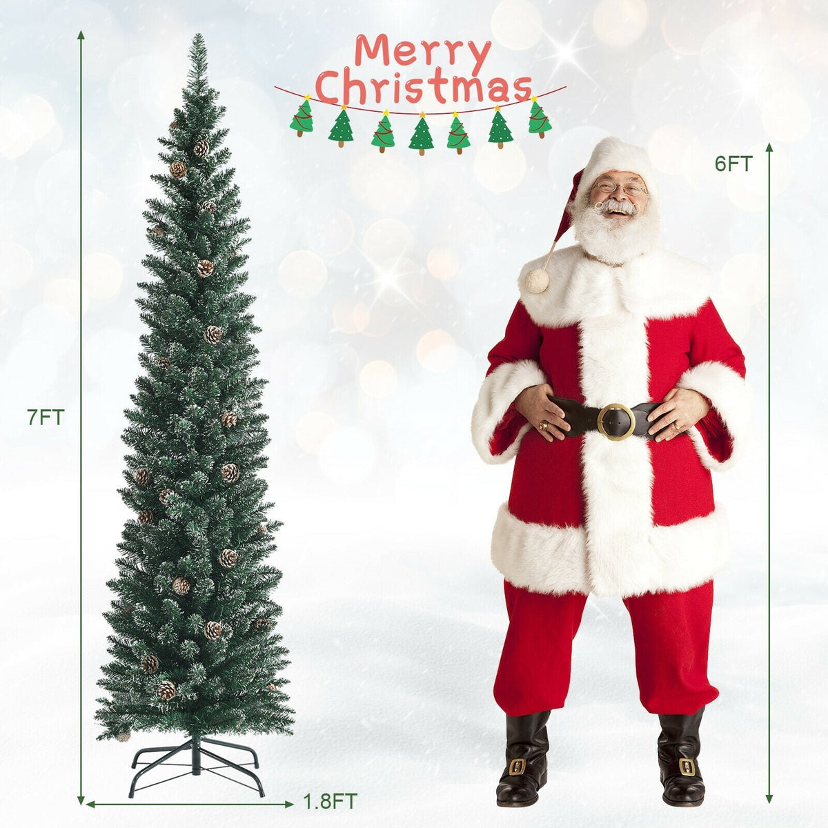 Snowy Artificial Pencil Christmas Tree with Pine Cones-7 ft-Christmas Trees-DECOROLALA