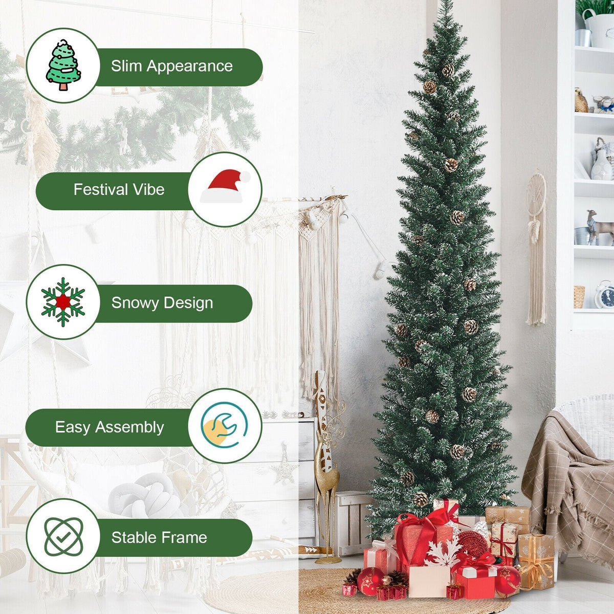 Snowy Artificial Pencil Christmas Tree with Pine Cones-7 ft-Christmas Trees-DECOROLALA