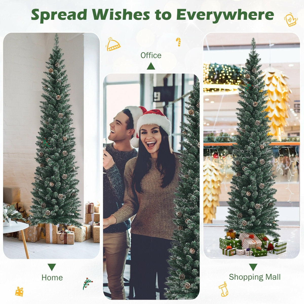 Snowy Artificial Pencil Christmas Tree with Pine Cones-7 ft-Christmas Trees-DECOROLALA