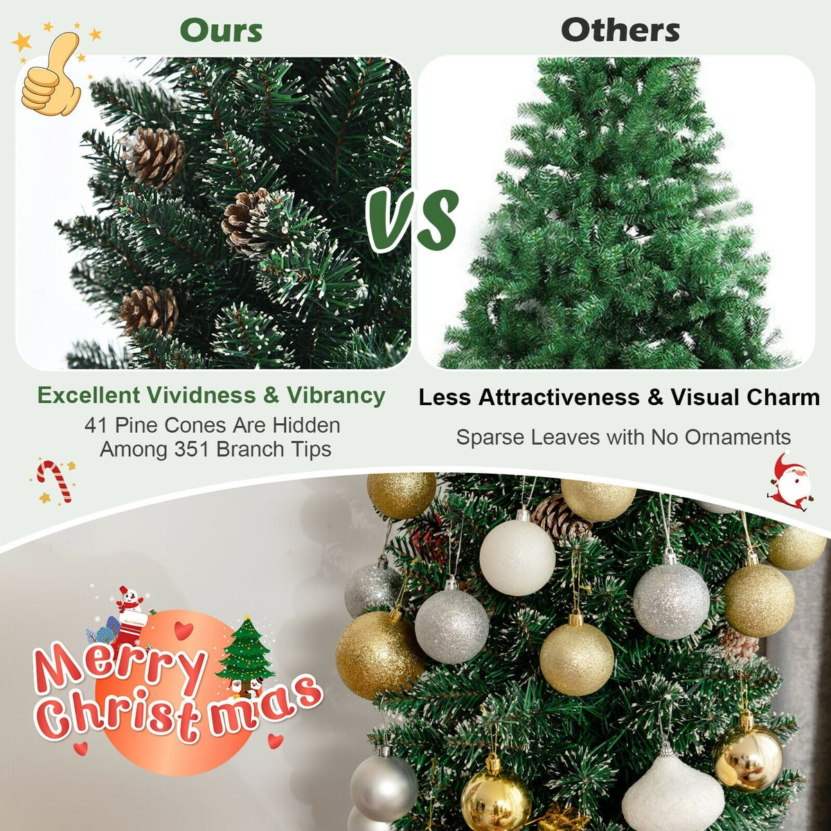 Snowy Artificial Pencil Christmas Tree with Pine Cones-7 ft-Christmas Trees-DECOROLALA