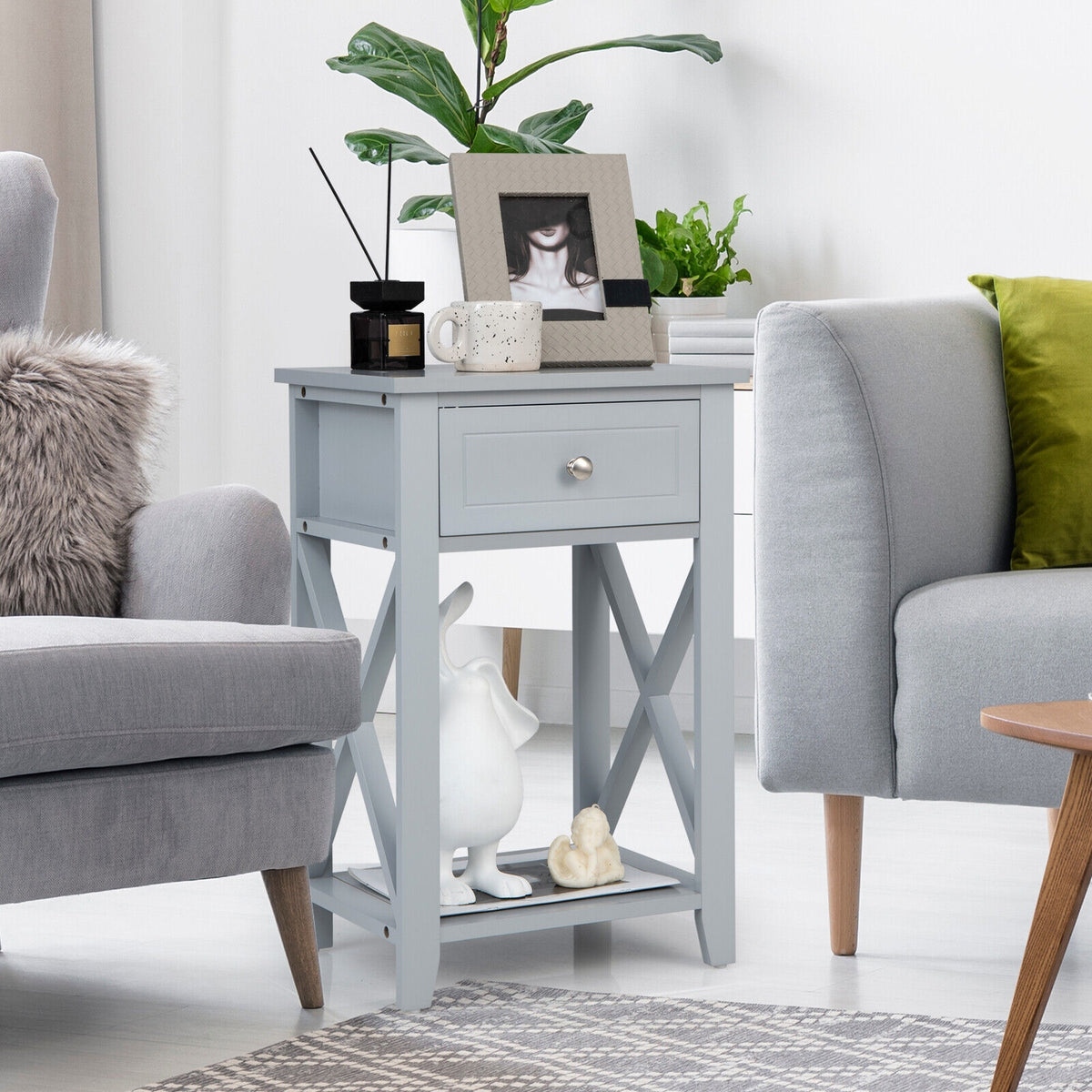 Sofa Side End Table with Drawer and Shelf-Gray-End & Side Tables-DECOROLALA