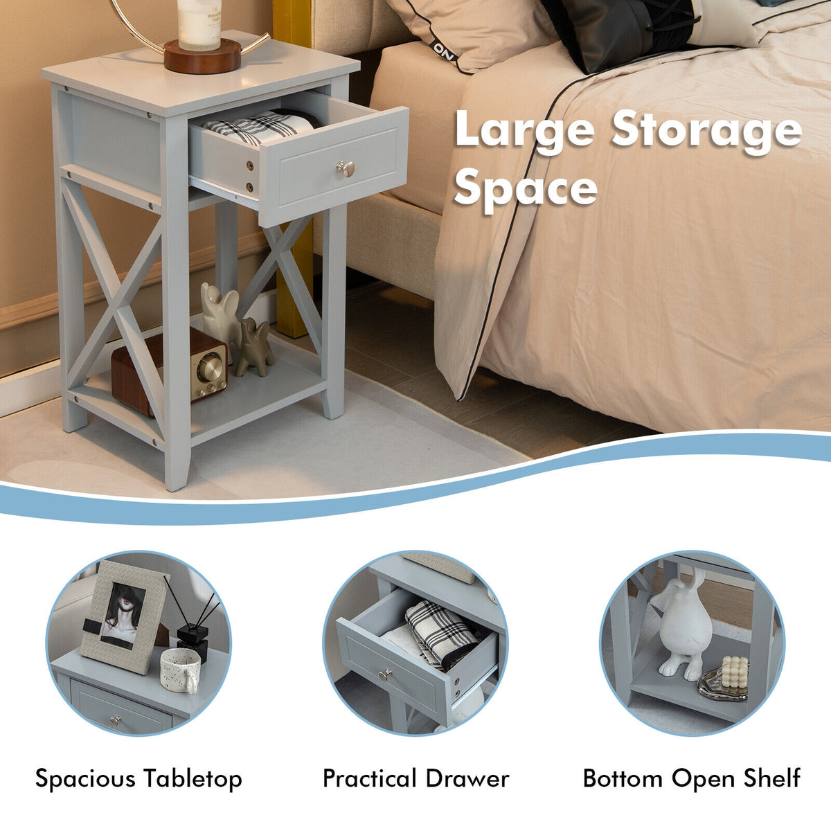 Sofa Side End Table with Drawer and Shelf-Gray-End & Side Tables-DECOROLALA