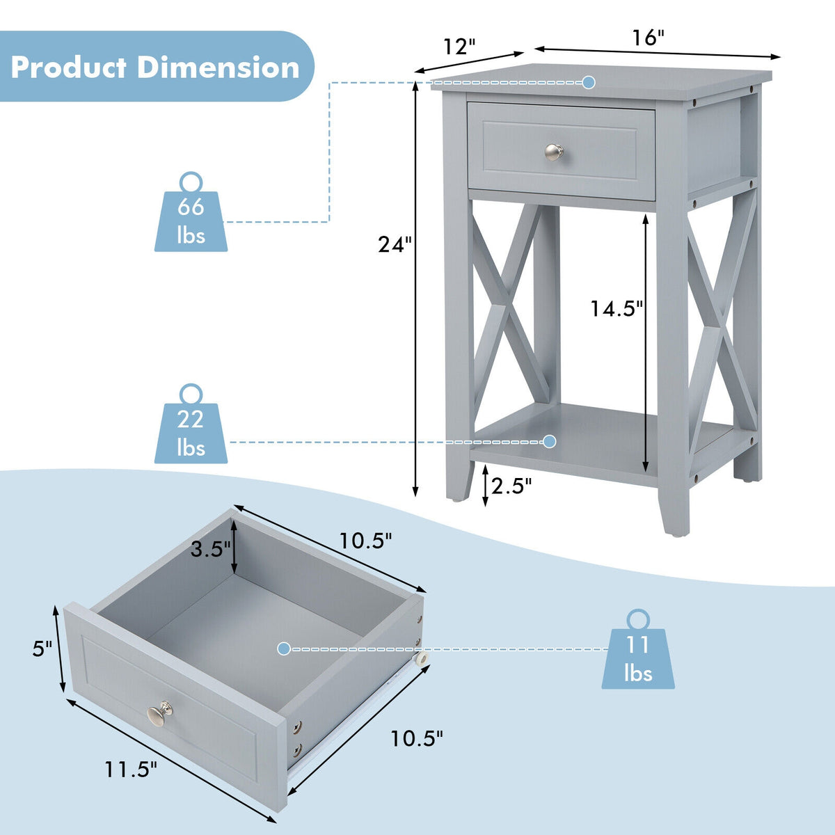 Sofa Side End Table with Drawer and Shelf-Gray-End & Side Tables-DECOROLALA