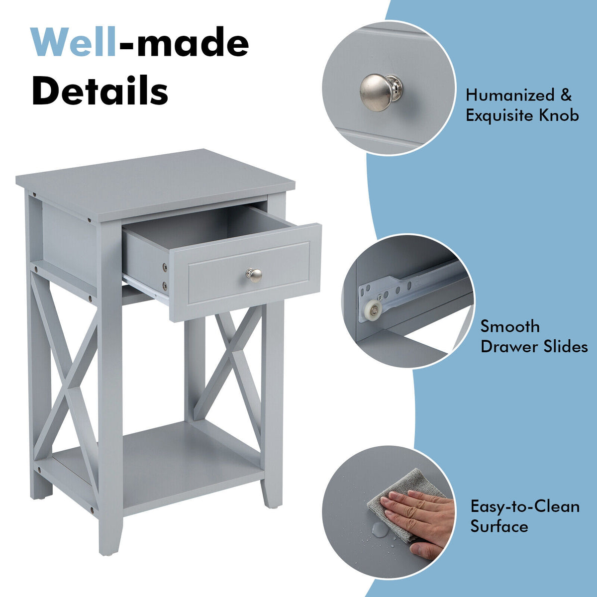 Sofa Side End Table with Drawer and Shelf-Gray-End & Side Tables-DECOROLALA