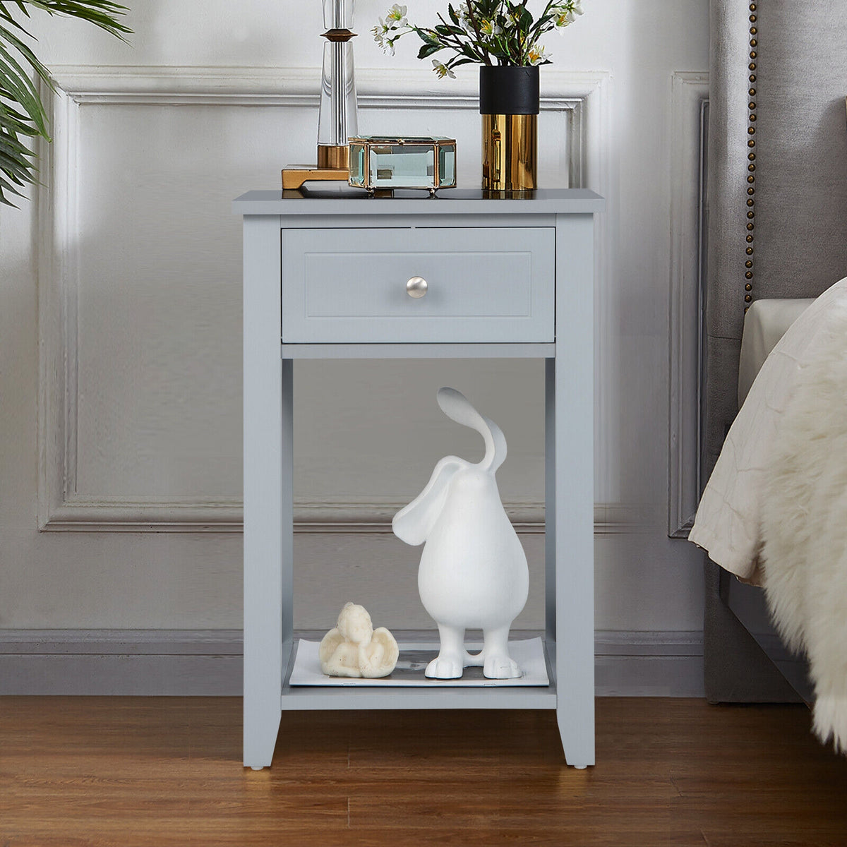 Sofa Side End Table with Drawer and Shelf-Gray-End & Side Tables-DECOROLALA