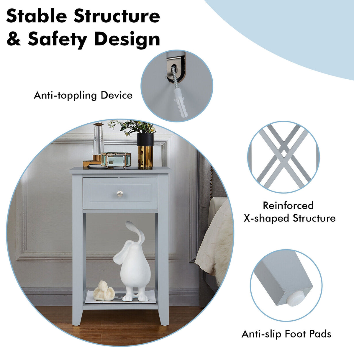 Sofa Side End Table with Drawer and Shelf-Gray-End & Side Tables-DECOROLALA