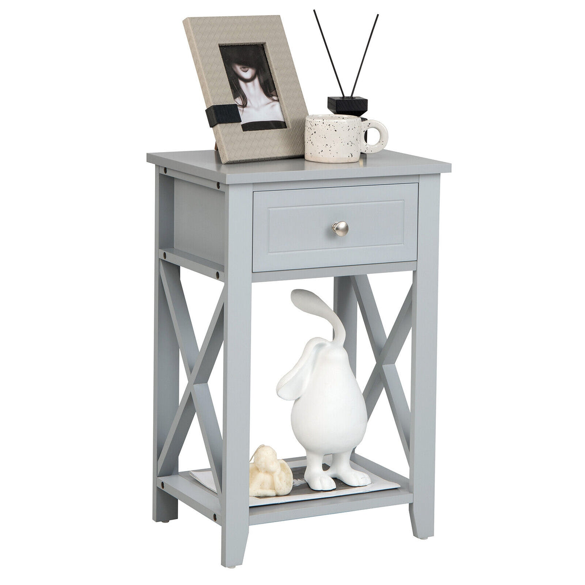 Sofa Side End Table with Drawer and Shelf-Gray-End & Side Tables-DECOROLALA