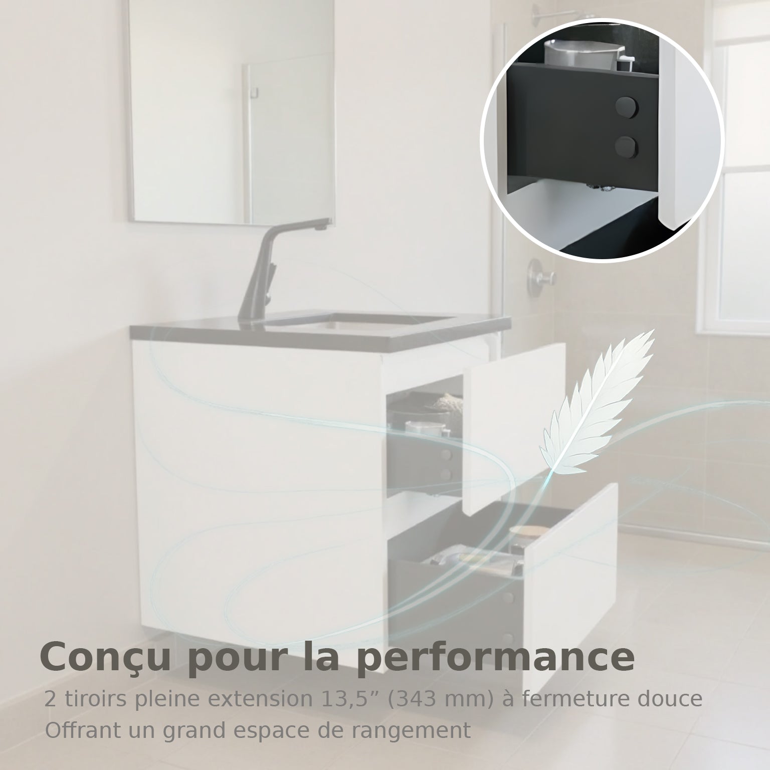 36" White Wall Mount Bathroom Vanity with Black Engineered Quartz Countertop