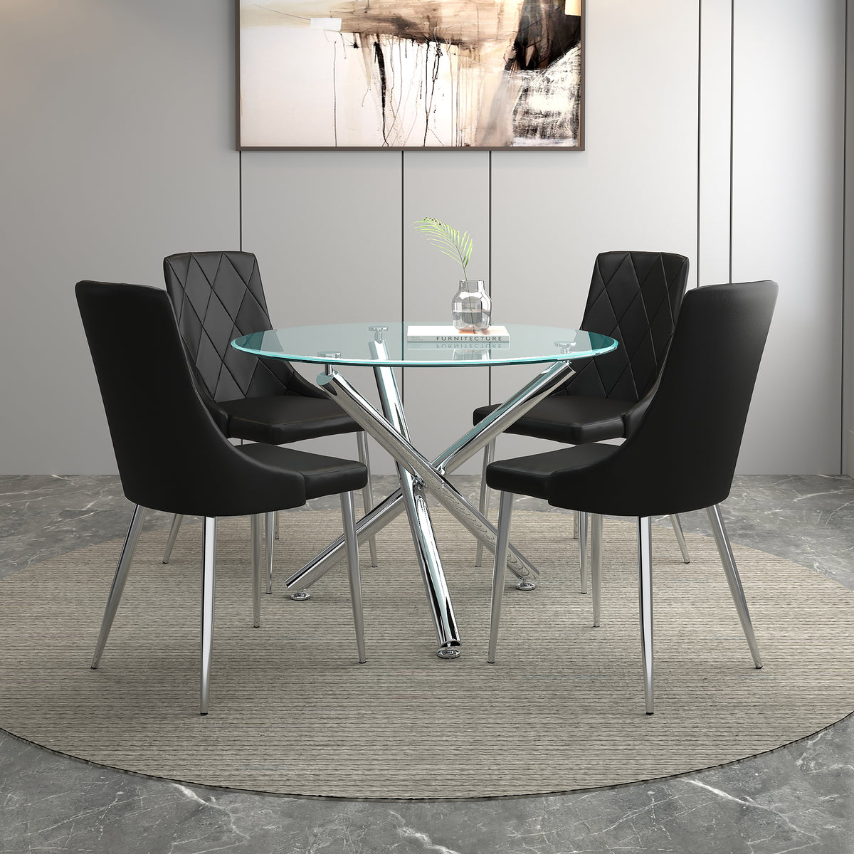 Solara II 5-Piece Dining Set - Black Glass and Faux Leather-Dining Room Sets-DECOROLALA