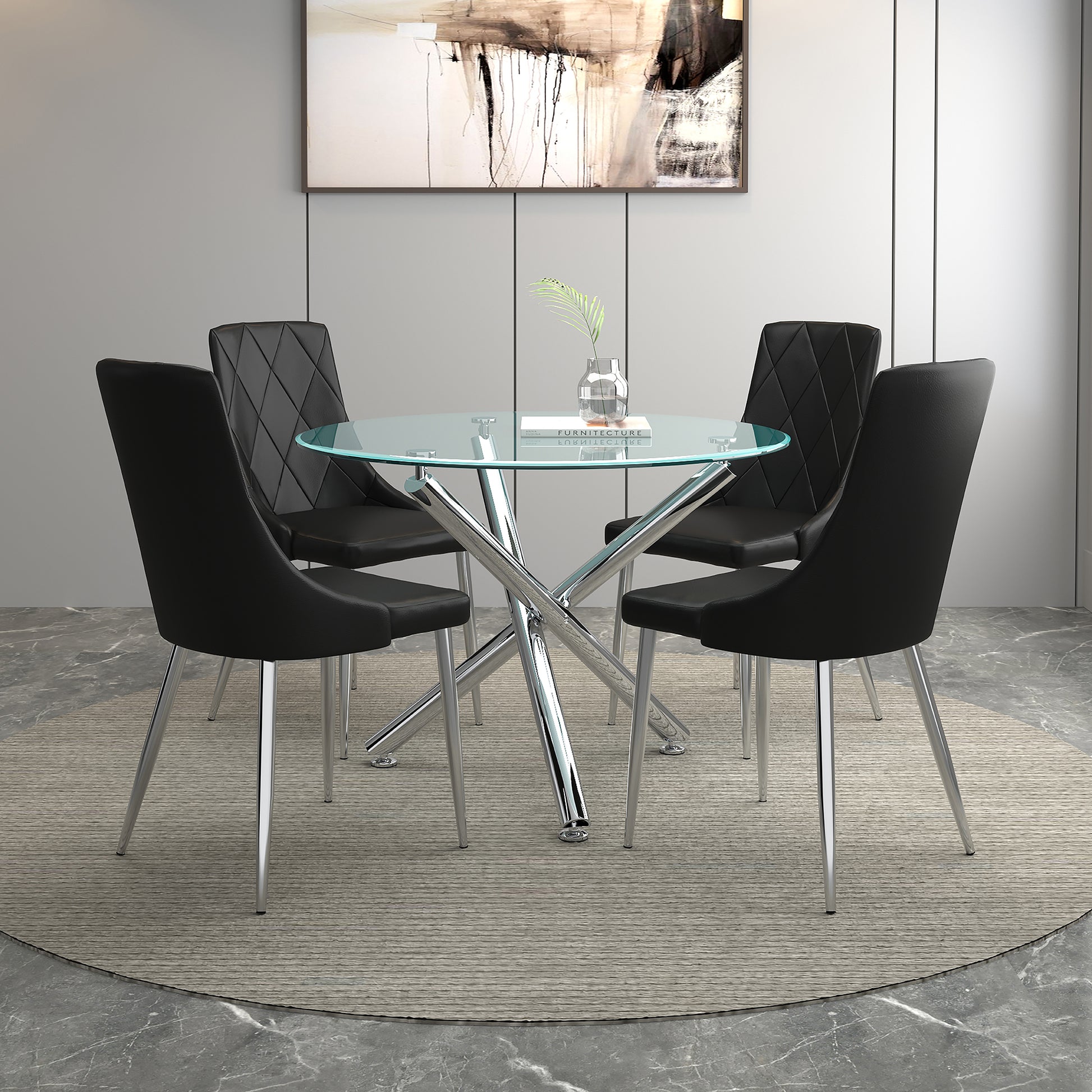 Solara II 5-Piece Dining Set - Black Glass and Faux Leather-DECOROLALA