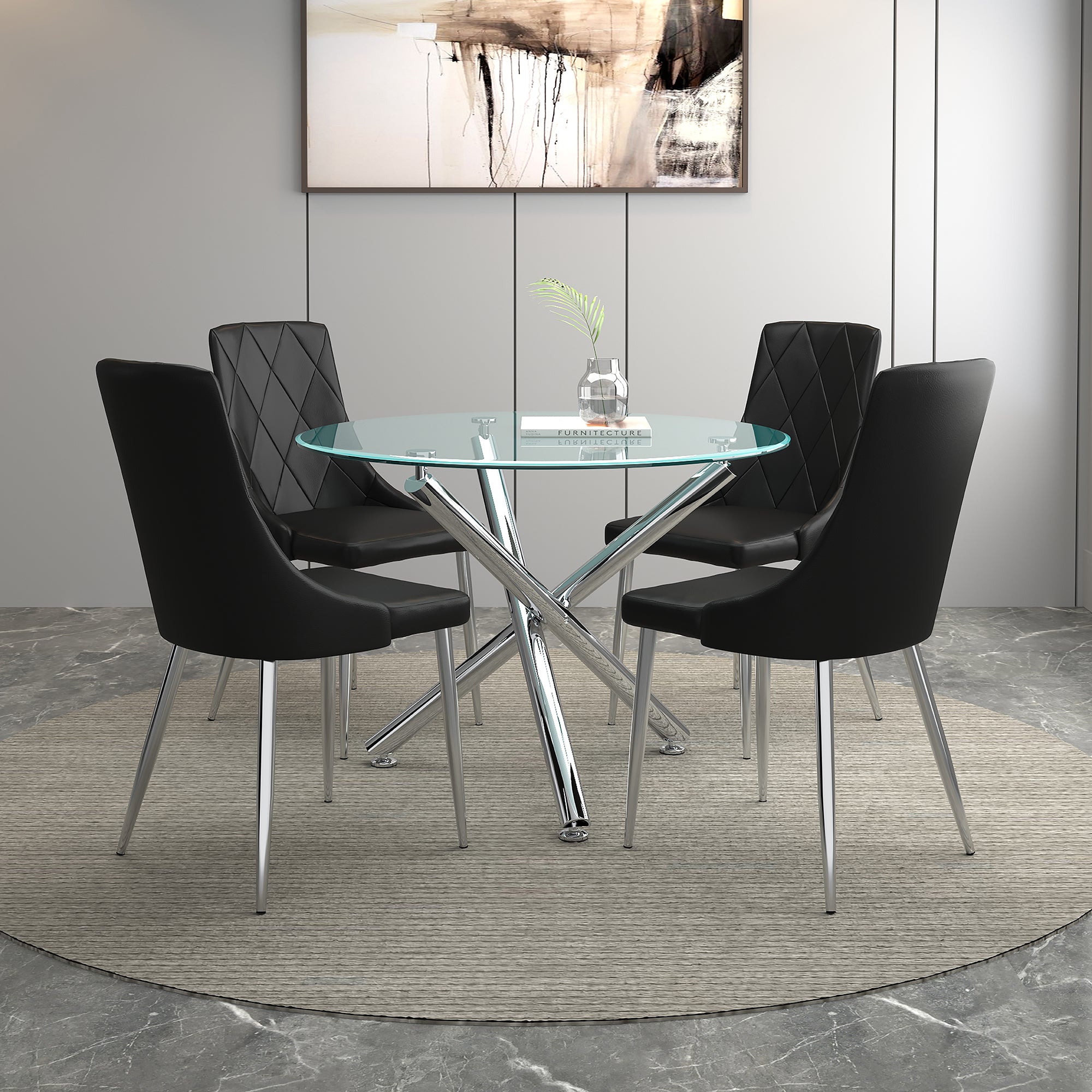 Solara II 5-Piece Dining Set - Black Glass and Faux Leather-DECOROLALA