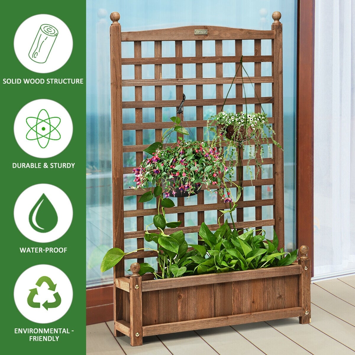 Solid Free Standing Wood Planter Box with Trellis for Garden-Raised Garden Beds-DECOROLALA