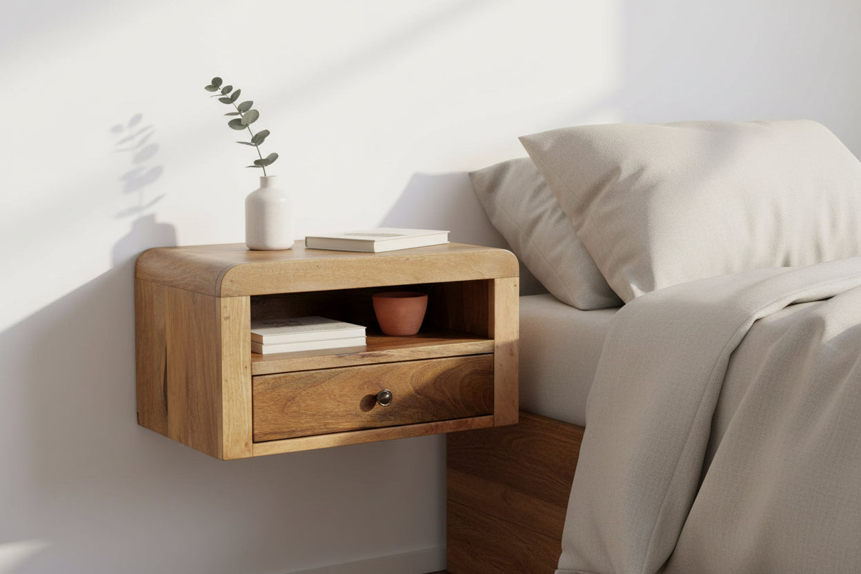Solid Mango Wood Floating Bedside Table - Oak-ish Finish-Nightstand-DECOROLALA