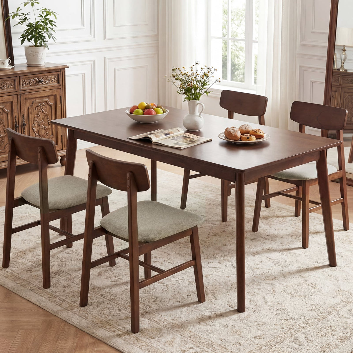 Solid Rubber Wood Dining Chairs Set of 4 with Curved Backrest-Walnut-Dining Chairs-DECOROLALA