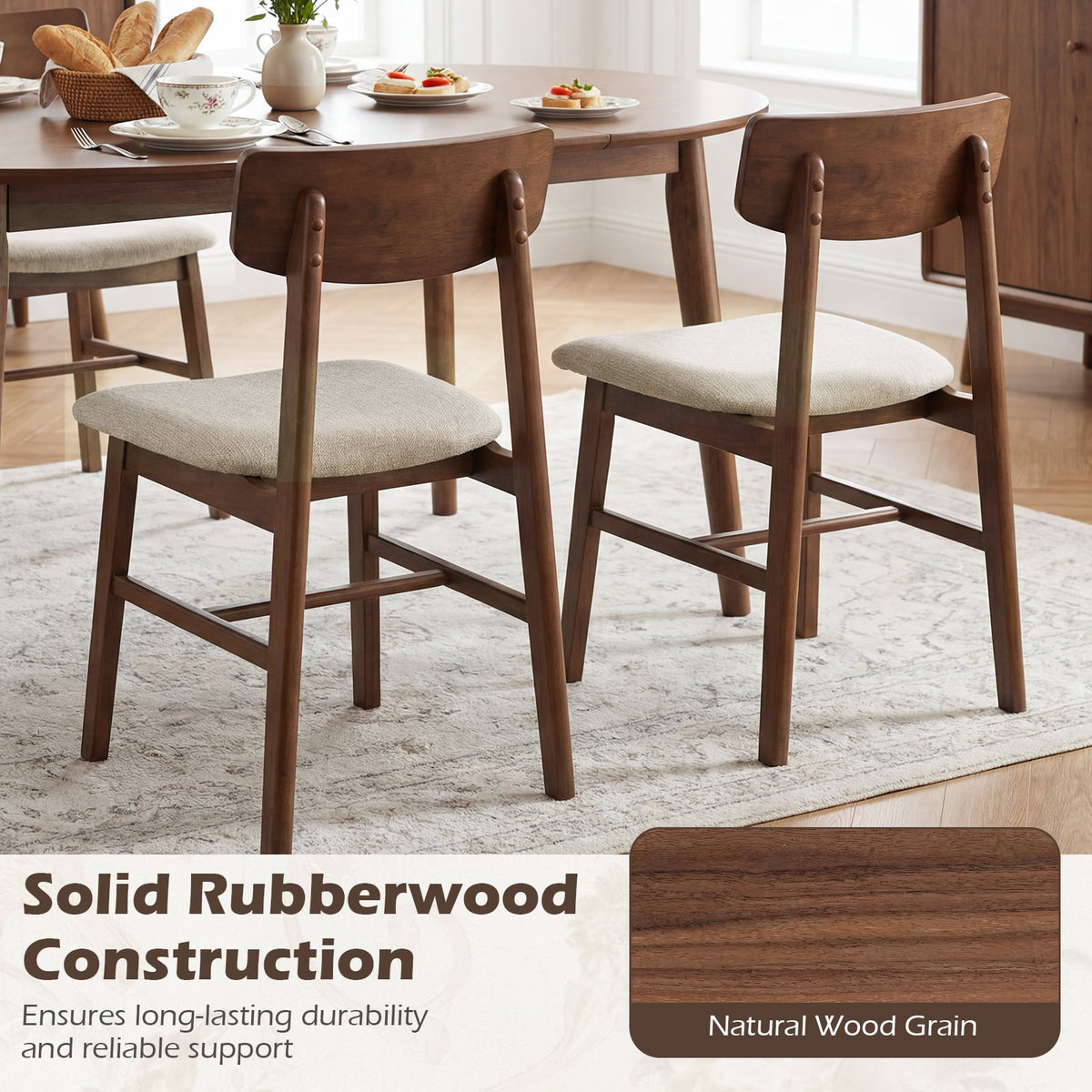 Solid Rubber Wood Dining Chairs Set of 4 with Curved Backrest-Walnut-Dining Chairs-DECOROLALA