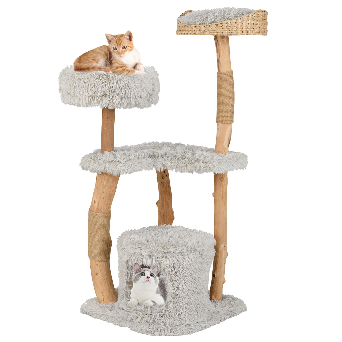 Solid Wood Cat Tower with Top Cattail Basket Cat Bed-Gray-Cat Trees & Scratchers-DECOROLALA