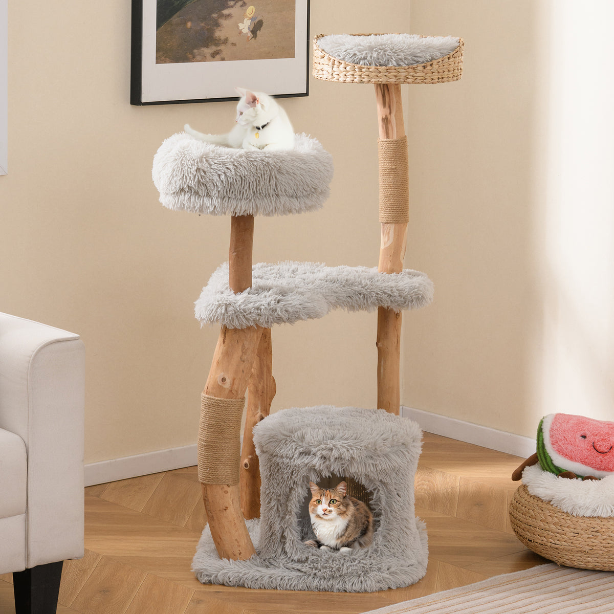 Solid Wood Cat Tower with Top Cattail Basket Cat Bed-Gray-Cat Trees & Scratchers-DECOROLALA