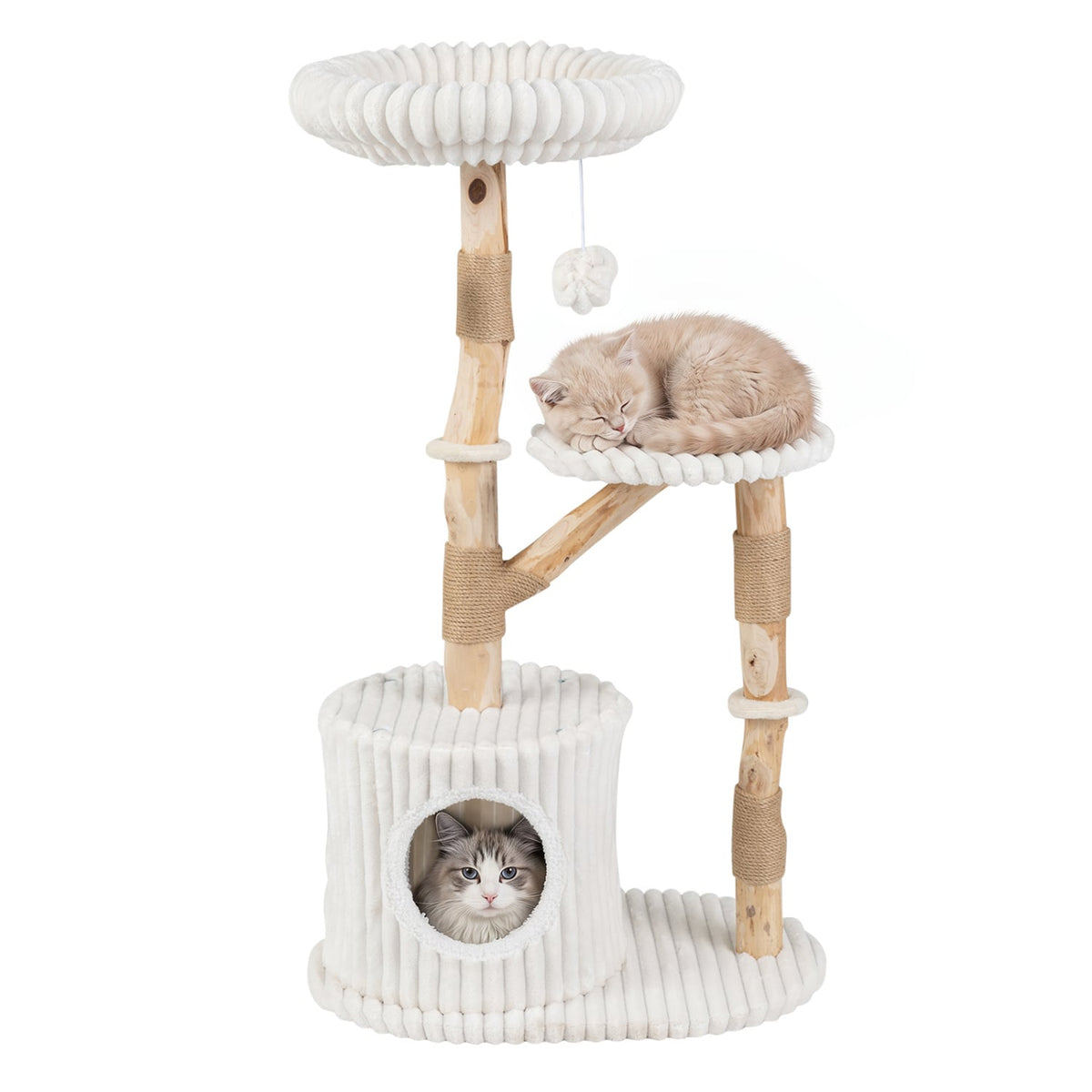 Solid Wood Cat Tree 41 Inch with Real Branches & Scratching Posts and Cozy Bed-Beige-Cat Trees & Scratchers-DECOROLALA