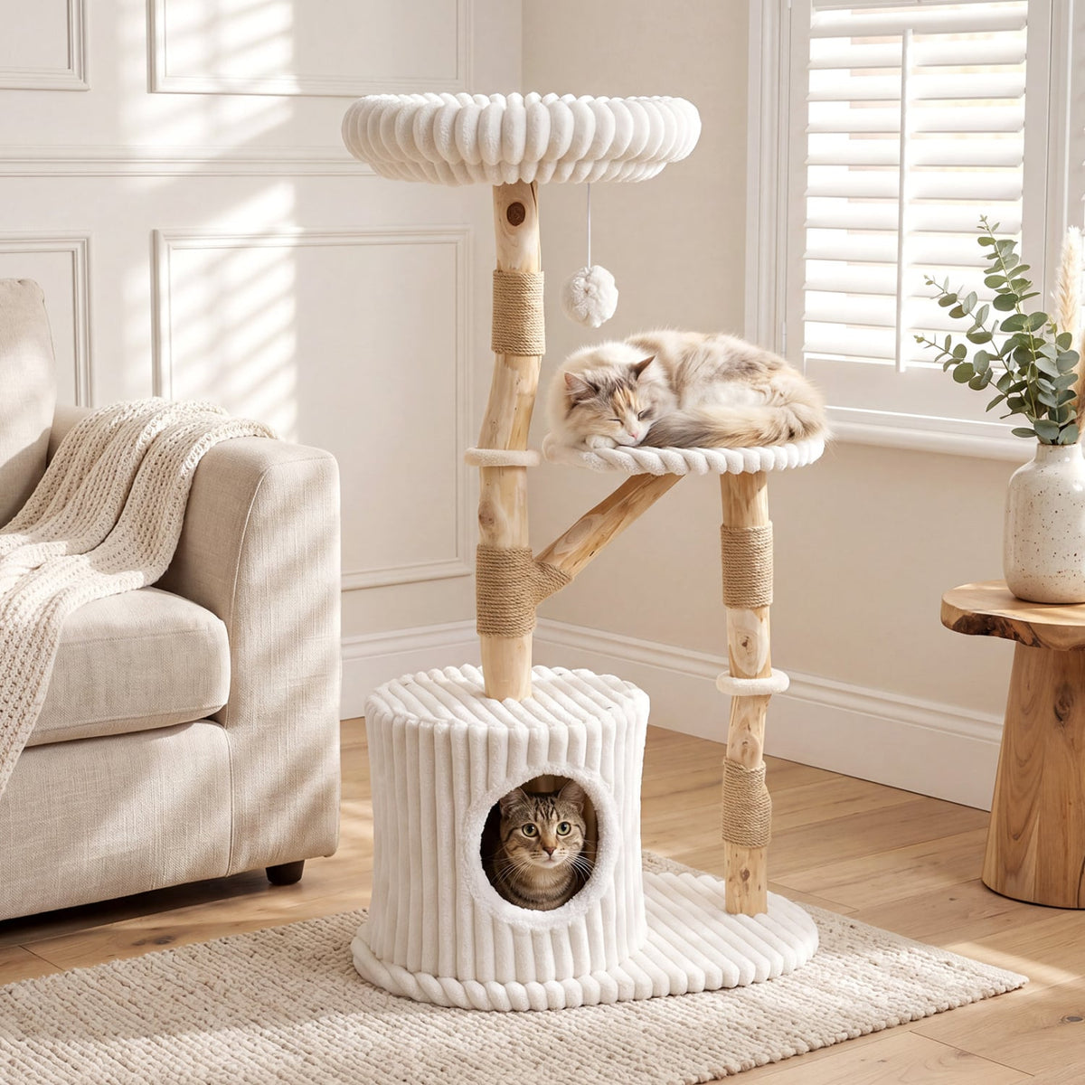 Solid Wood Cat Tree 41 Inch with Real Branches & Scratching Posts and Cozy Bed-Beige-Cat Trees & Scratchers-DECOROLALA