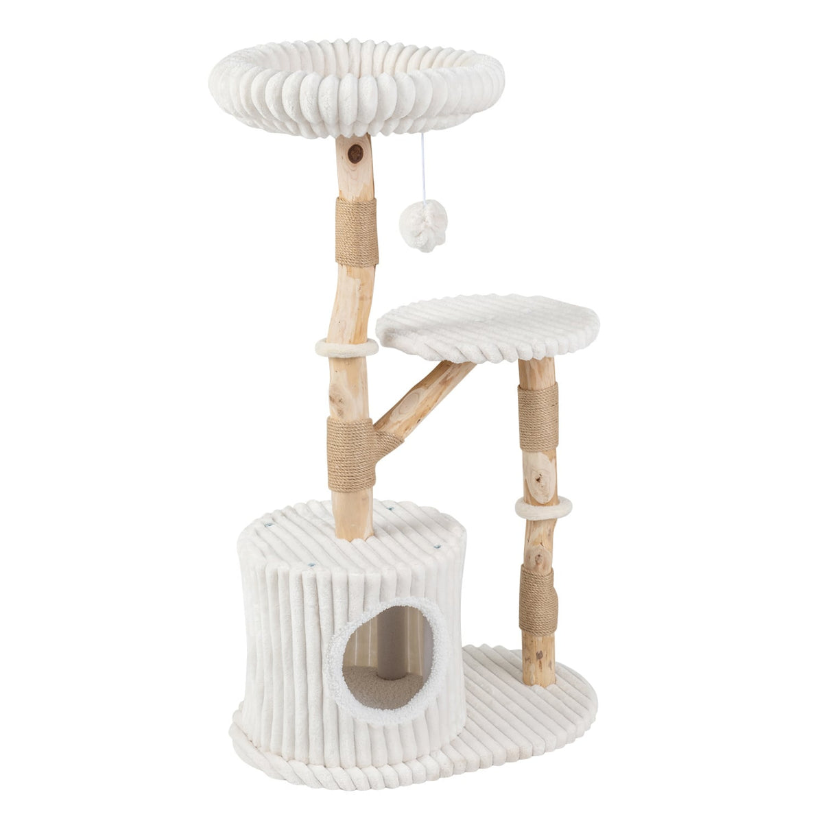 Solid Wood Cat Tree 41 Inch with Real Branches & Scratching Posts and Cozy Bed-Beige-Cat Trees & Scratchers-DECOROLALA