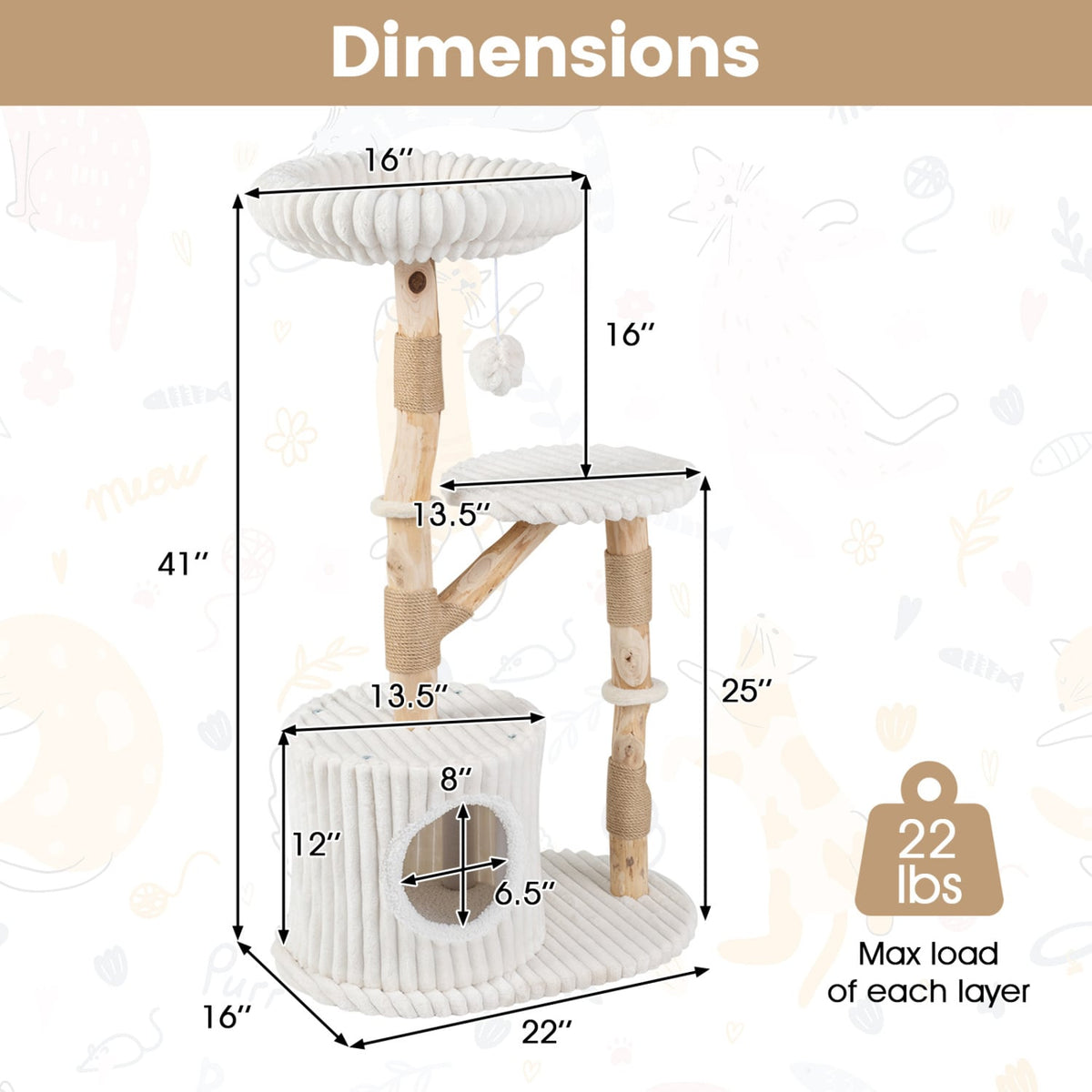 Solid Wood Cat Tree 41 Inch with Real Branches & Scratching Posts and Cozy Bed-Beige-Cat Trees & Scratchers-DECOROLALA