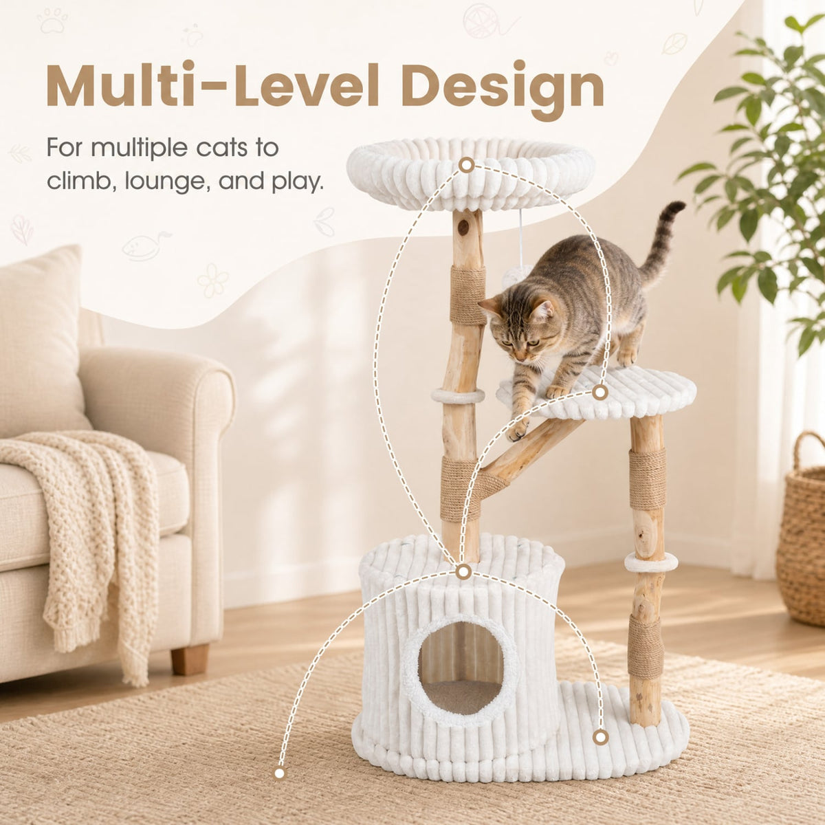 Solid Wood Cat Tree 41 Inch with Real Branches & Scratching Posts and Cozy Bed-Beige-Cat Trees & Scratchers-DECOROLALA